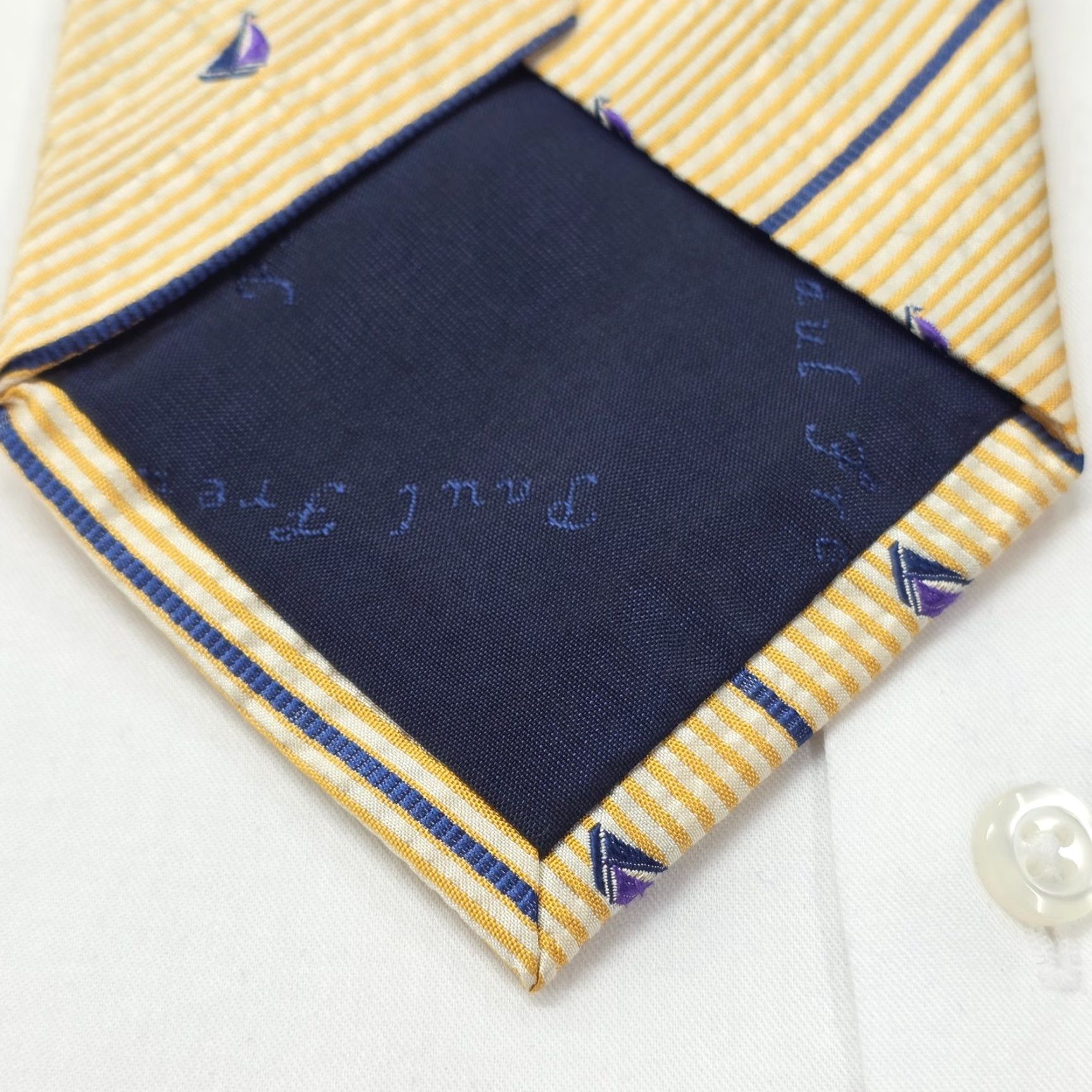 Vintage Paul Fredrick Necktie Mens Yellow Designer Tie Sail Boats Striped Preppy 59" X 3.75" Silk Tie Mens Size ONE SIZE - 6 Thumbnail