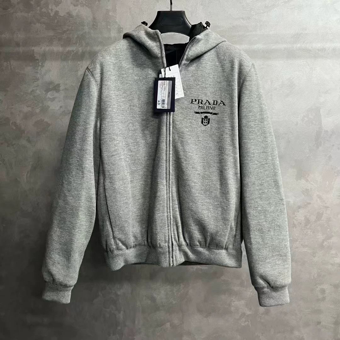 prada gray logo zip-up hooded jacket