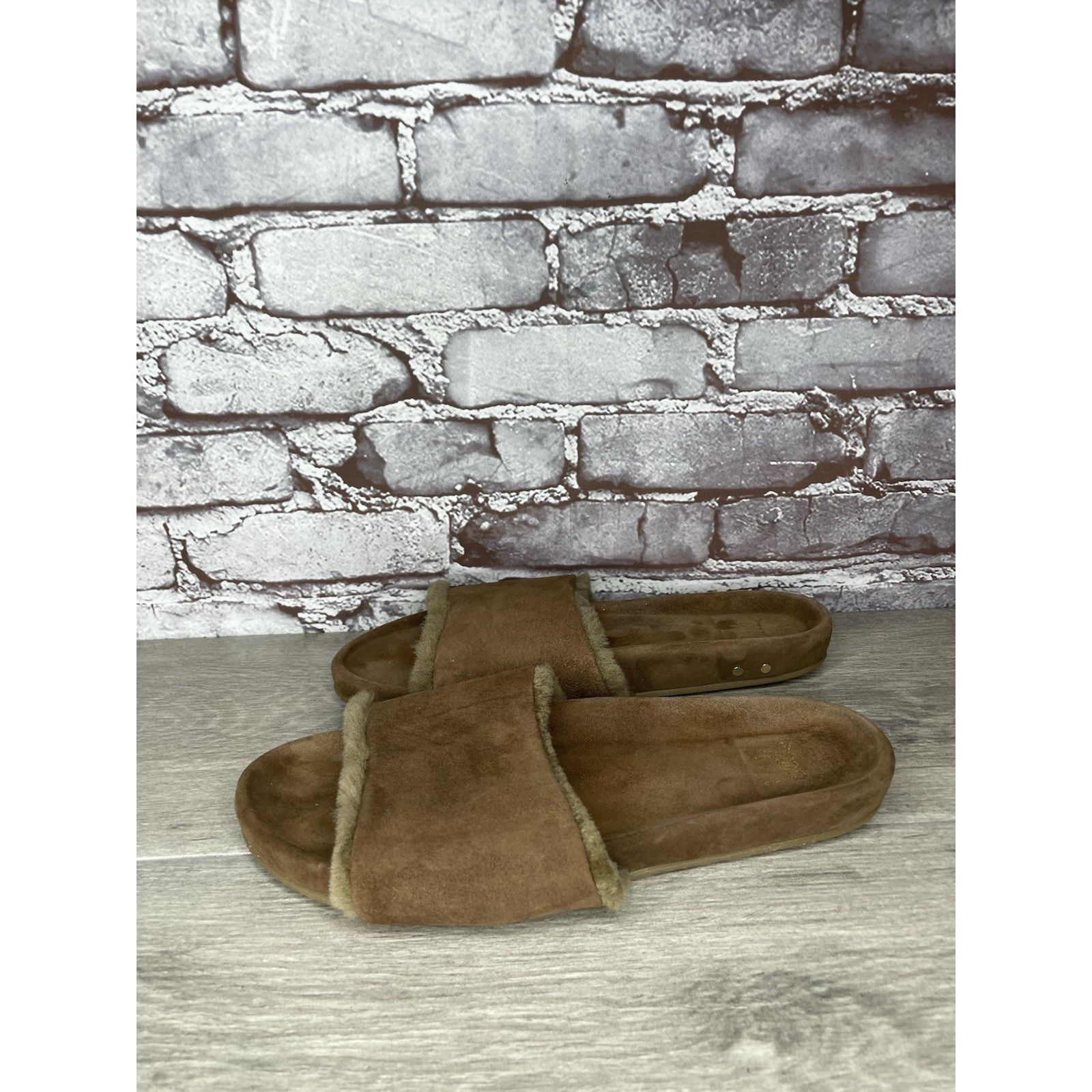 Beek Brown Sherpa Lining Brown Suede Leather Slides Sandals