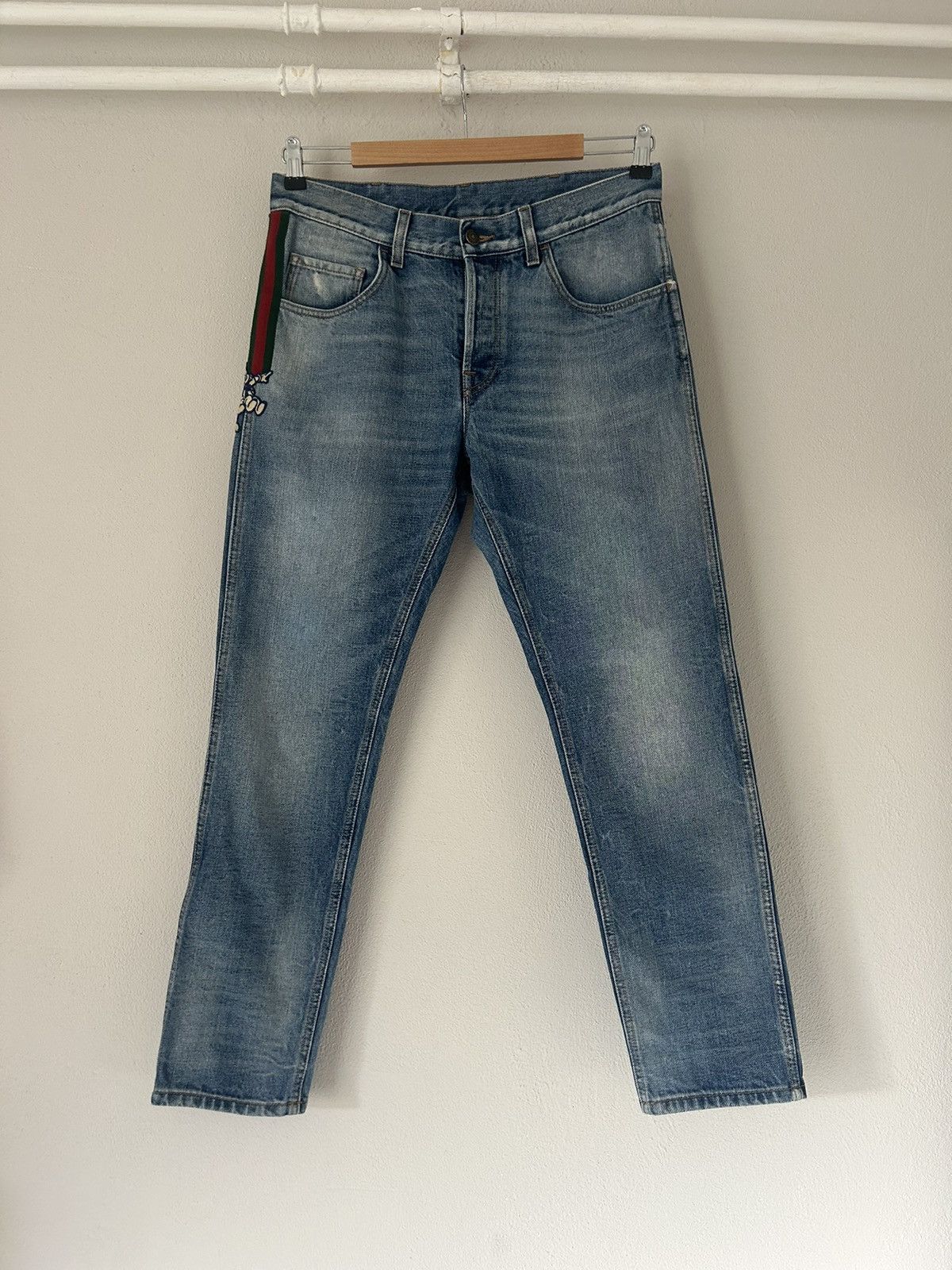 Disney × Gucci Three Little Pigs Embroidered Gucci Web Blue Denim Jeans Size US 33 - 1 Thumbnail