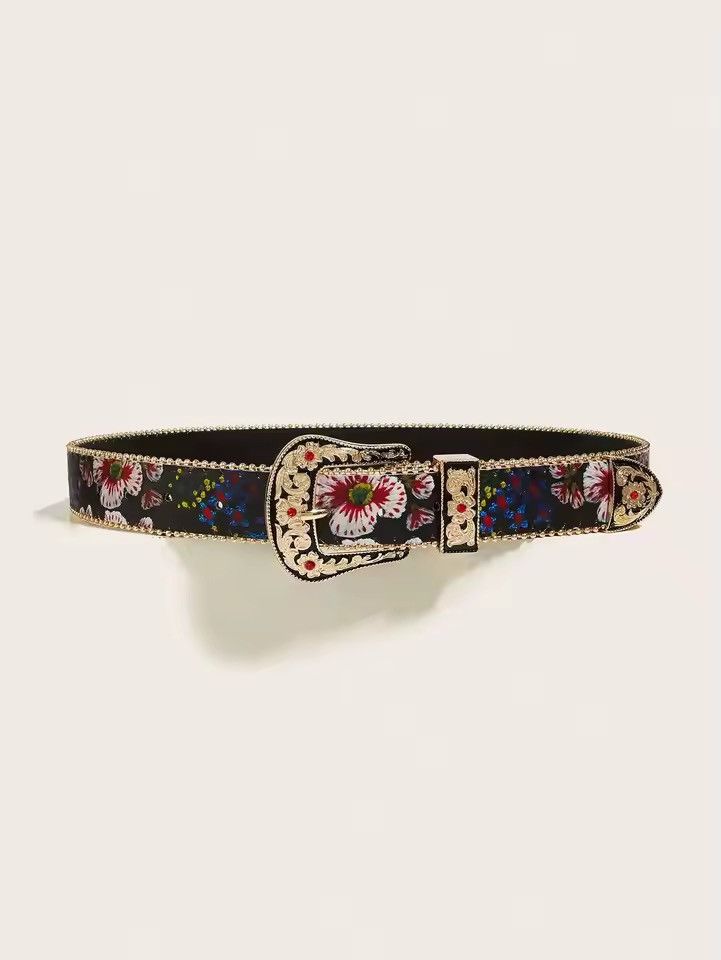 Japanese Brand 112 cm Western Floral Engraved Belt - PU Leather Size ONE SIZE - 2 Thumbnail