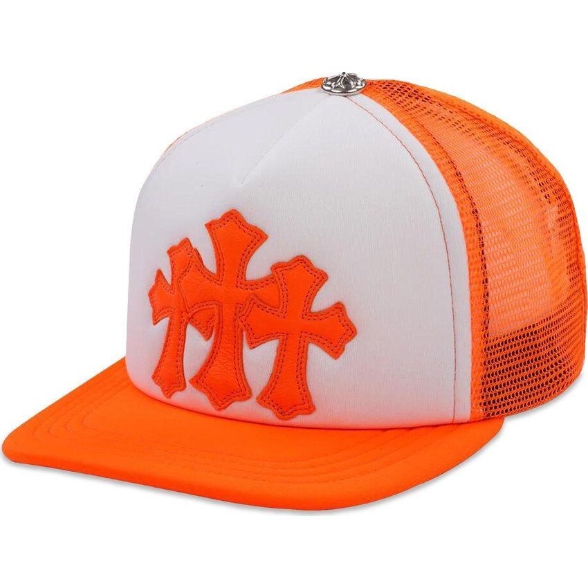 Chrome Hearts Leather Cemetery Cross Patch Trucker Hat White/Neon Orange Size ONE SIZE - 1 Preview