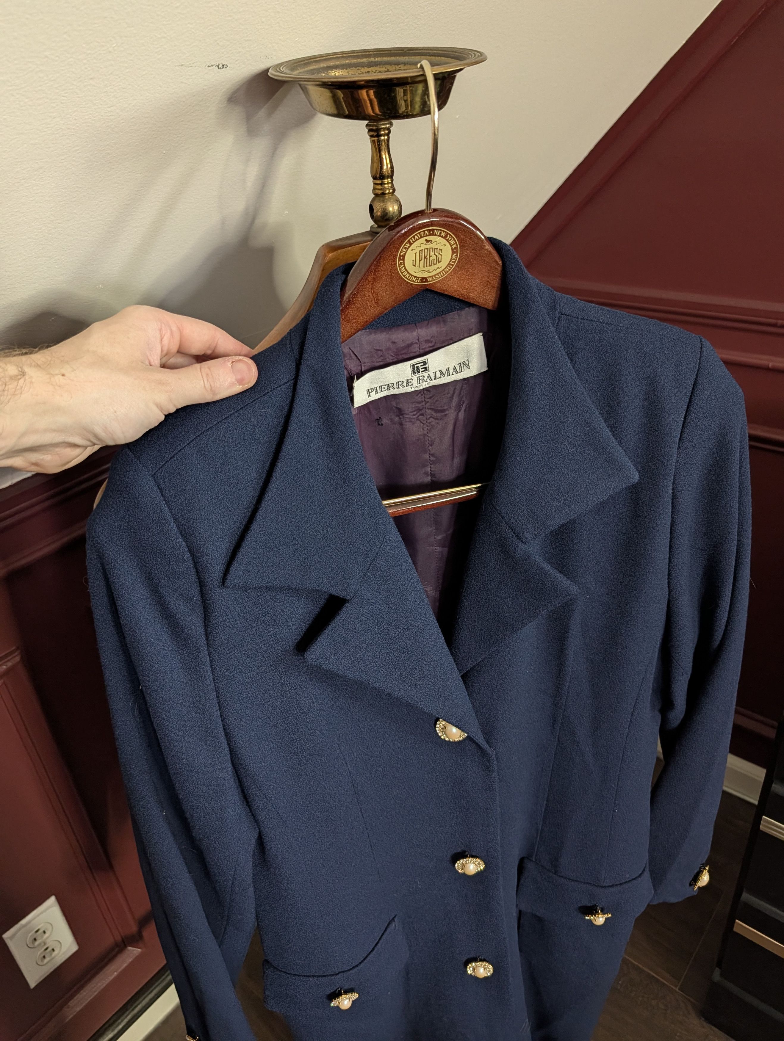Pierre Balmain 80s VTG Navy Wool Pearl Crystal Gold Button Coat Dress Size L / US 10 / IT 46 - 2 Thumbnail