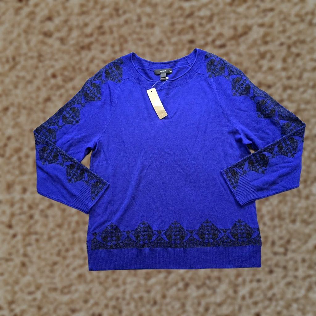J.Crew J.CREW Sweater Womens S Blue Merino Wool Embroidered Round Neck Stretch Casual Capsule Pullover Size S / US 4 / IT 40 - 1 Thumbnail