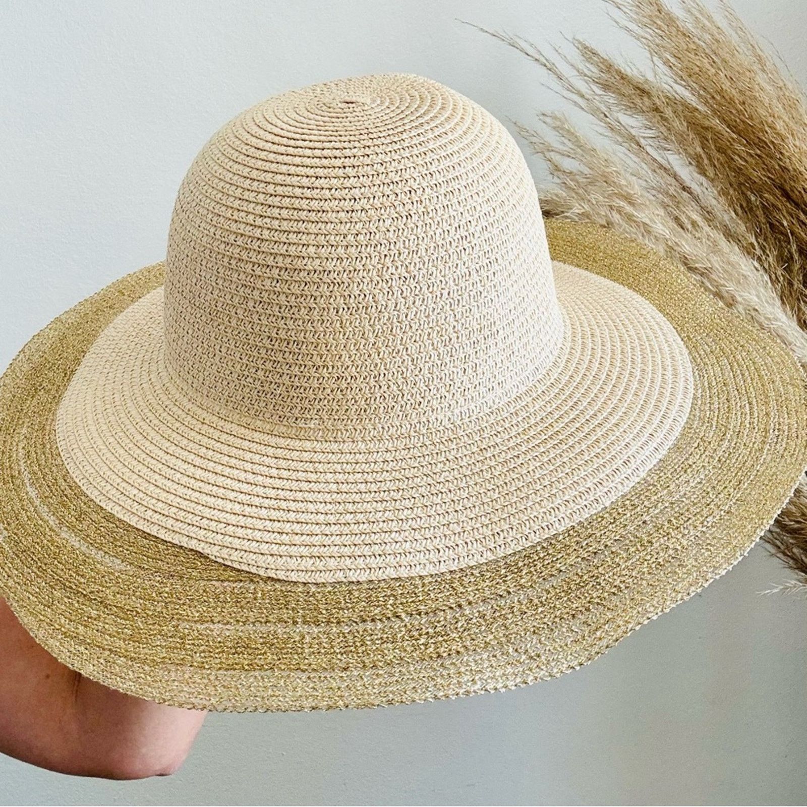 Vintage VINTAGE NORDSTROM Cream Tan Straw Brim Floppy Gold Sun Hat Size ONE SIZE - 2 Thumbnail