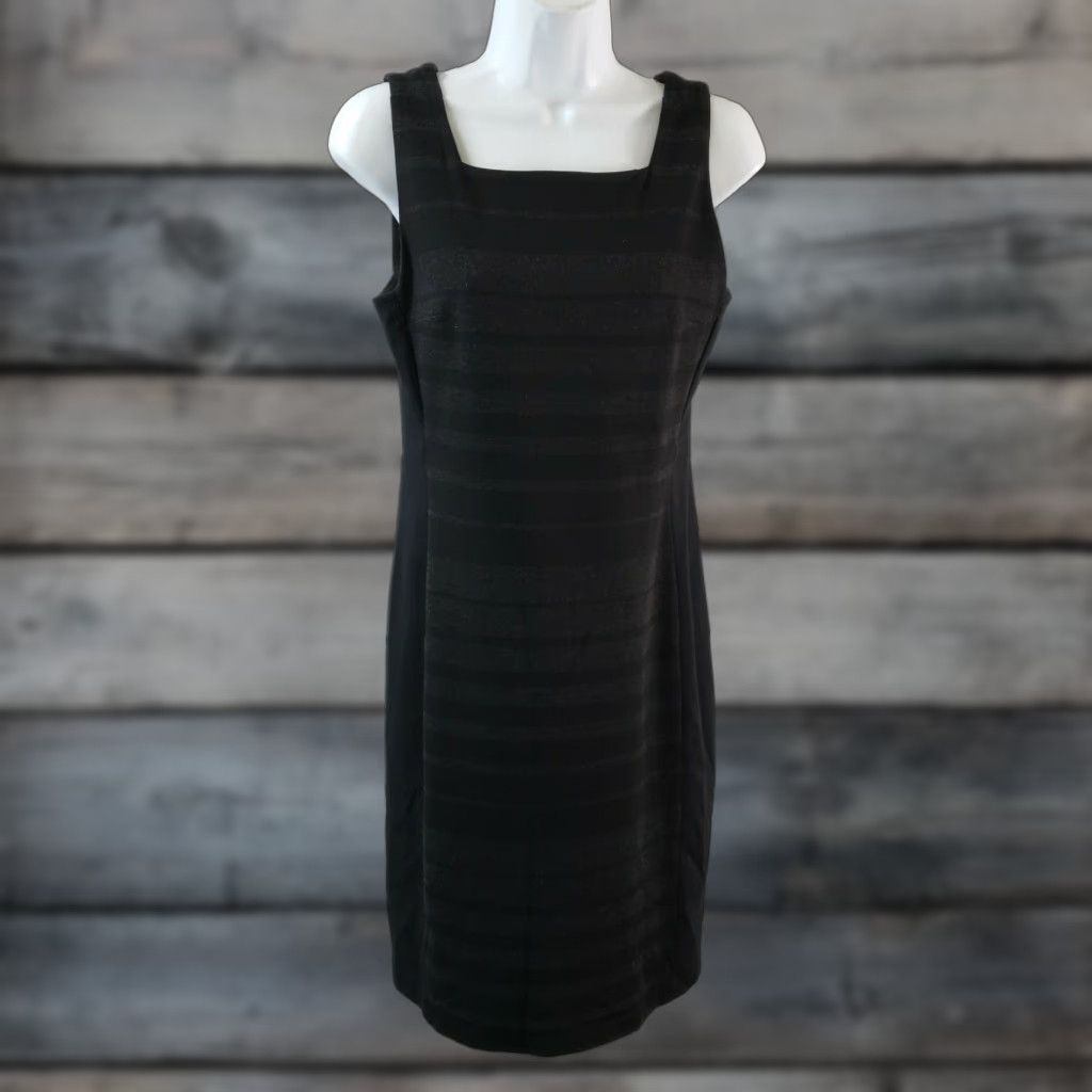 Eileen Fisher Dress Womens Ponte Knit Sleeveless Striped Square Neck Zip  Black 4 Knee Length Her