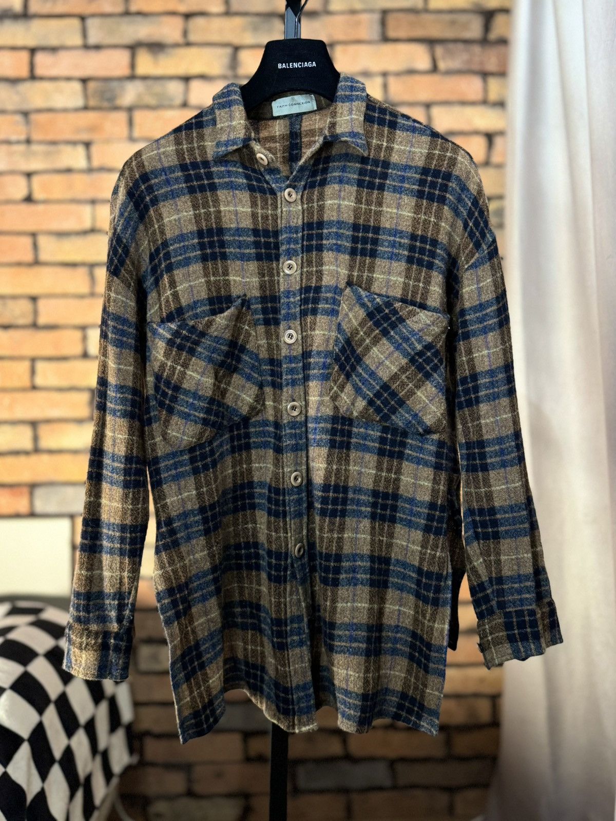 $521 PLAID FLANNEL OVER SHIRT BROWN BLUE BEIGE BUTTON DOWN