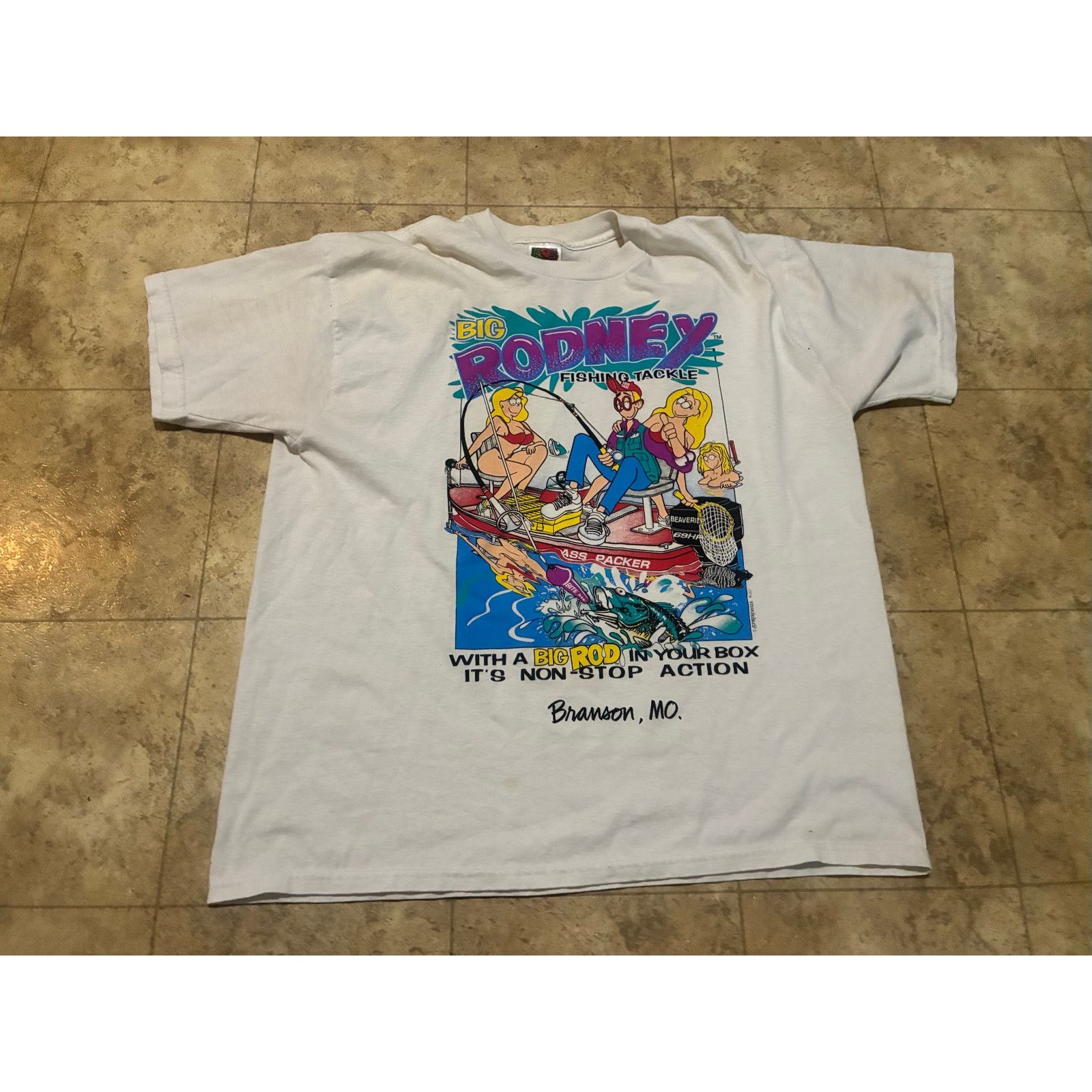 Fruit Of The Loom Vntge Big Rodney Fishing Tackle Branson MO T-Shirt Lrg White Size US L / EU 52-54 / 3 - 2 Thumbnail