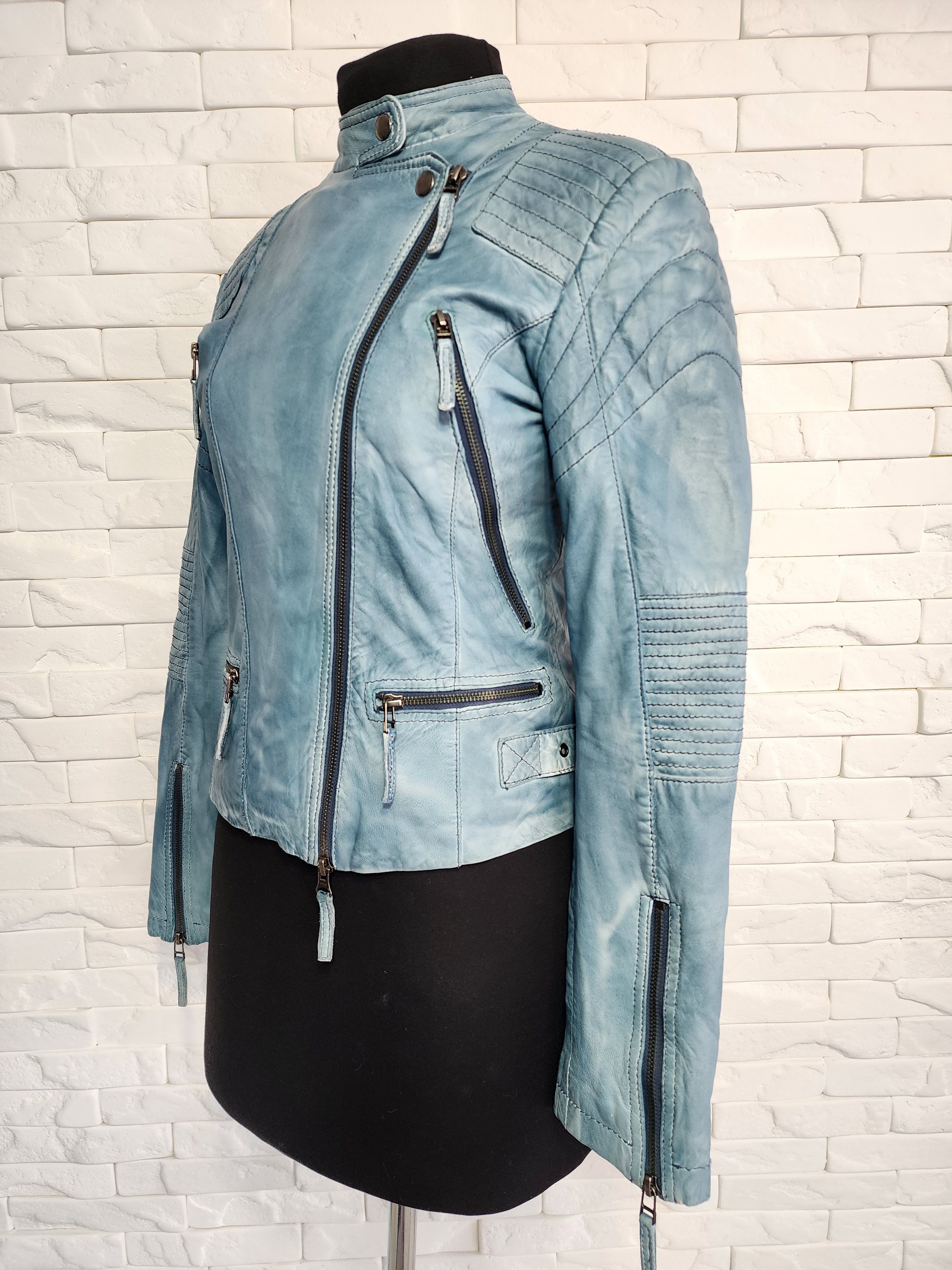 Other Blue Leather Biker Jacket - Women's Metal Zipper Moto Jacket Size M / US 6-8 / IT 42-44 - 2 Thumbnail