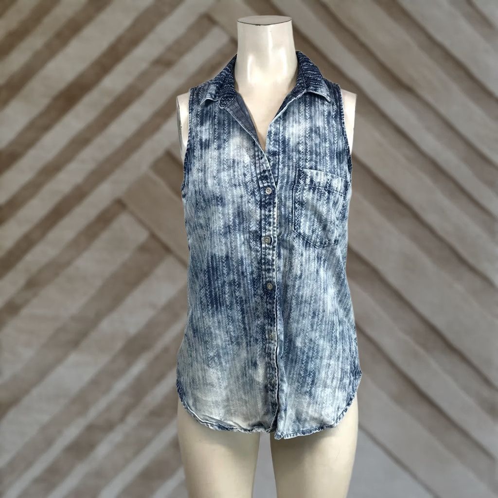 Vintage Cloth & Stone Womens XS Blue White Chevron Acid Wash Tencel Sleeveless Shirt Size XS / US 0-2 / IT 36-38 - 1 Thumbnail