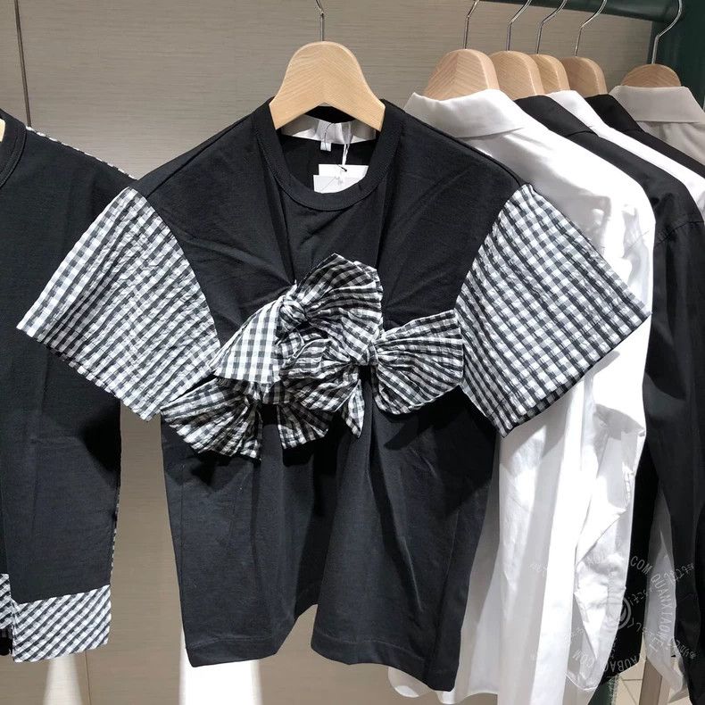Comme Des Garcons Short sleeves with plaid patchwork bow