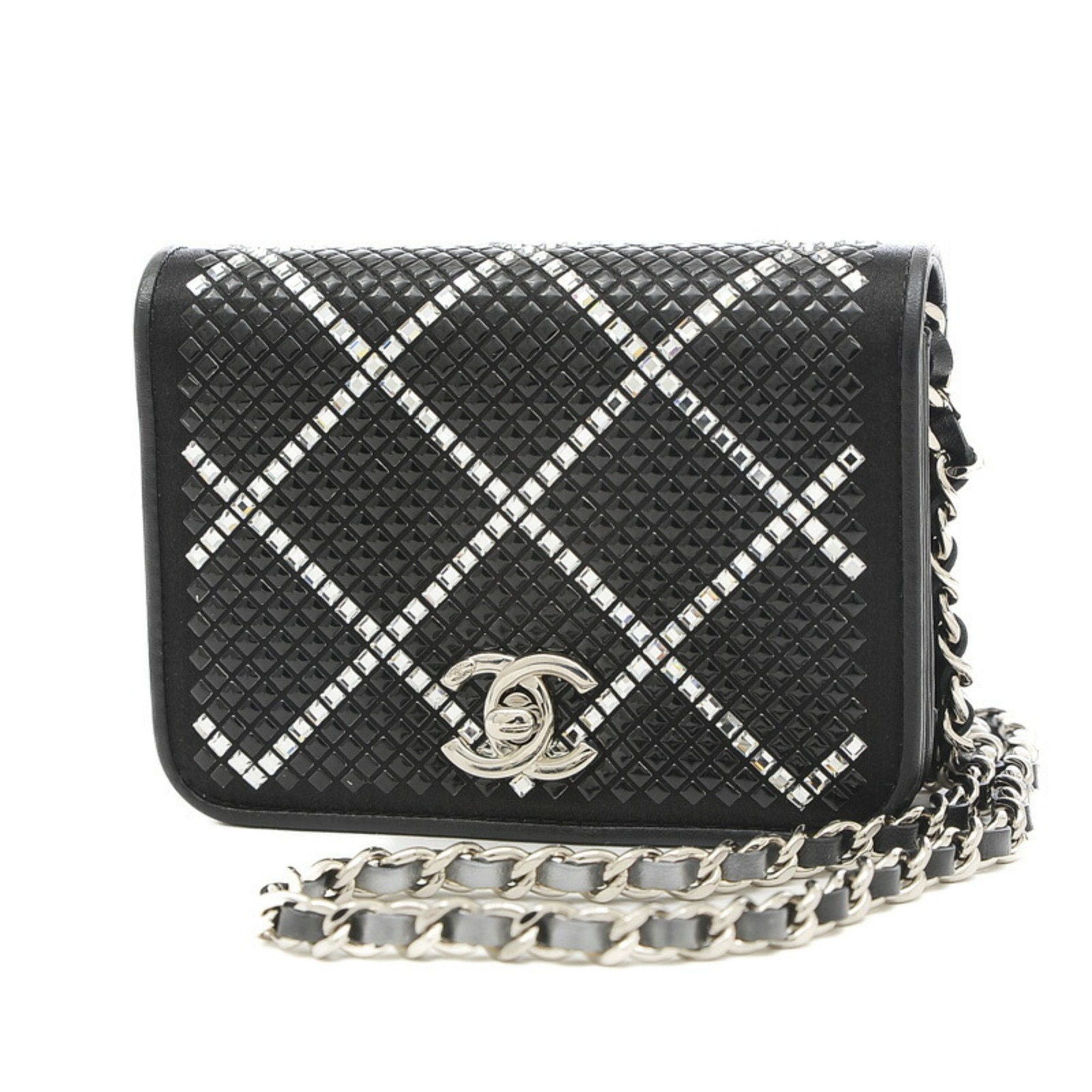 image of Chanel Matelasse Strass Mini Chain Shoulder Satin Black Silver Hardware, Women's