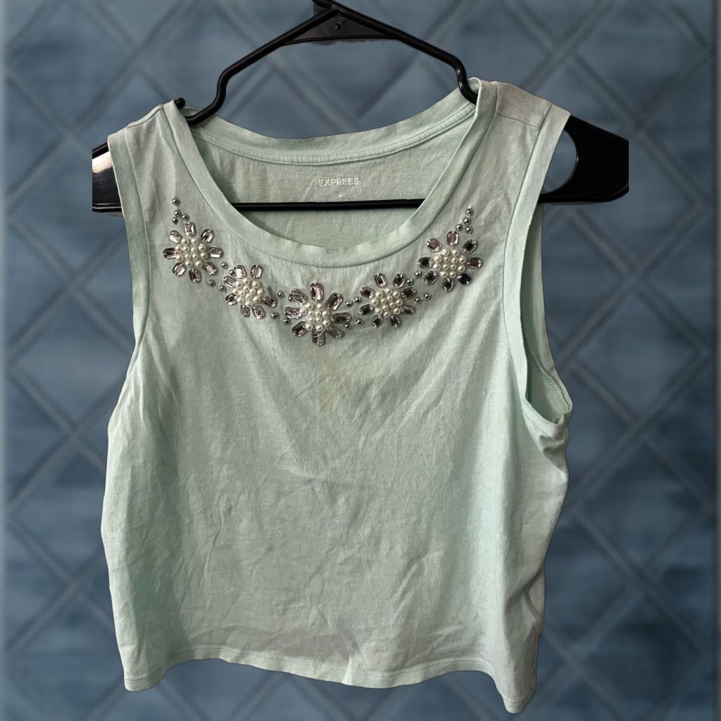 Express EXPRESS Tank Shirt Women Sleeveless Mint Green Rhinestones Size Small Sleeveless Casual Party/Travel 90s Womens Size S / US 4 / IT 40 - 1 Thumbnail