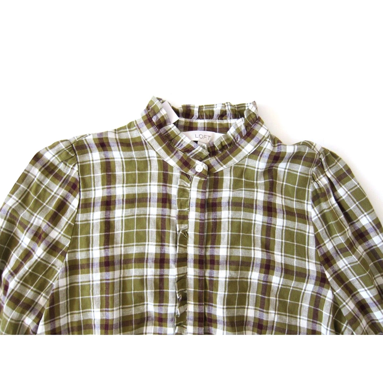 Ann Taylor NWT Ann Taylor Loft Blouse Shirt Button Long Sleeve Collared Plaid Ruffle XS Green Women Proudly Made in Indonesia Size XS / US 0-2 / IT 36-38 - 3 Thumbnail