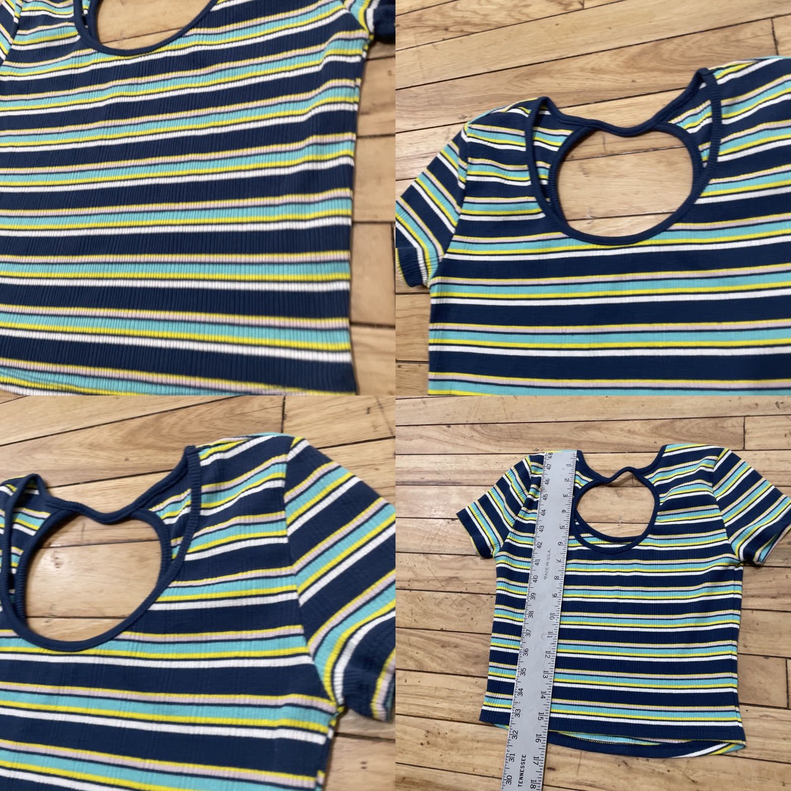 Vintage SO Shirt XS Womens Cropped Hoop Knit Top Blue Green Stripe Breathe Stretch Model XS Casual Summer Size XS / US 0-2 / IT 36-38 - 9 Thumbnail