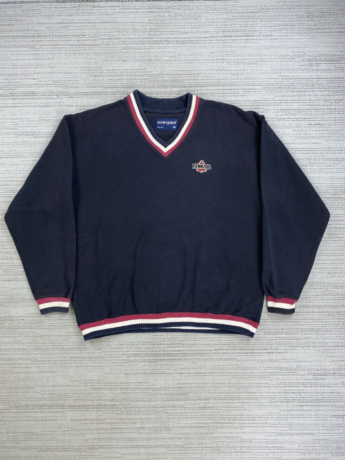 Swingster Vtg 80s Swingster Pennzoil Made In Usa V Neck Sweatshirt Size US XL / EU 56 / 4 - 1 Thumbnail