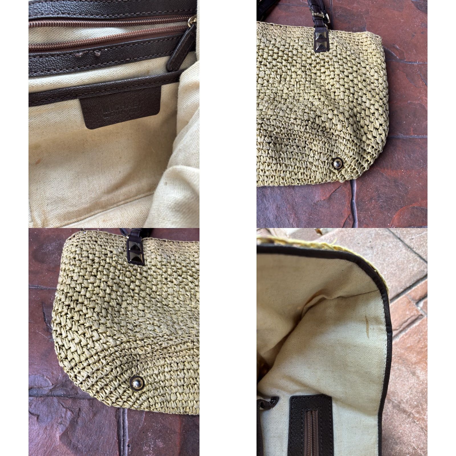 Michael Kors Michael Kors Woven Tote Bag Leather Trim Walnut Brown Beige Straw | Large | Women | Gold Hardware | Pouch Charm | Leather Lining Size ONE SIZE - 9 Thumbnail