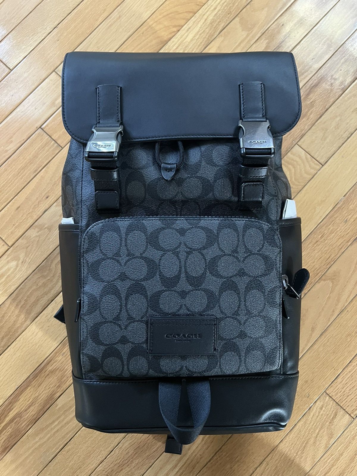 image of Coach Track Backpack In Signature Canvas in Black, Men's