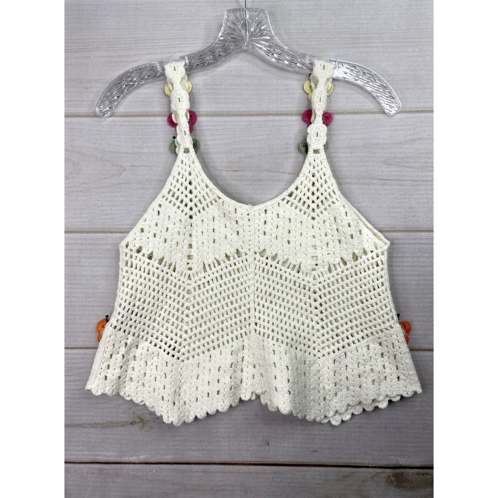 Vintage Rebellion Sleeveless Crochet Top S Beige Floral Butterfly Bohemian Camisole Shirt Womens Slim Open V-Neck Crochet Open Details 100% Cotton Size S / US 4 / IT 40 - 7 Thumbnail