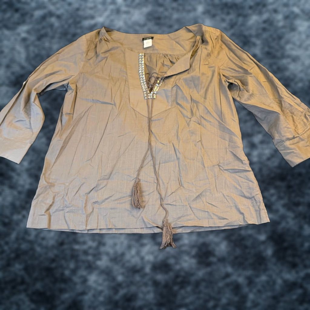 J.Crew J. Crew Tunic Top Embellished Neck Tassel Drawstring 3/4 Sleeve Womens Medium Beige Blouse Beach Casual Tie Women's Top Size M / US 6-8 / IT 42-44 - 1 Thumbnail
