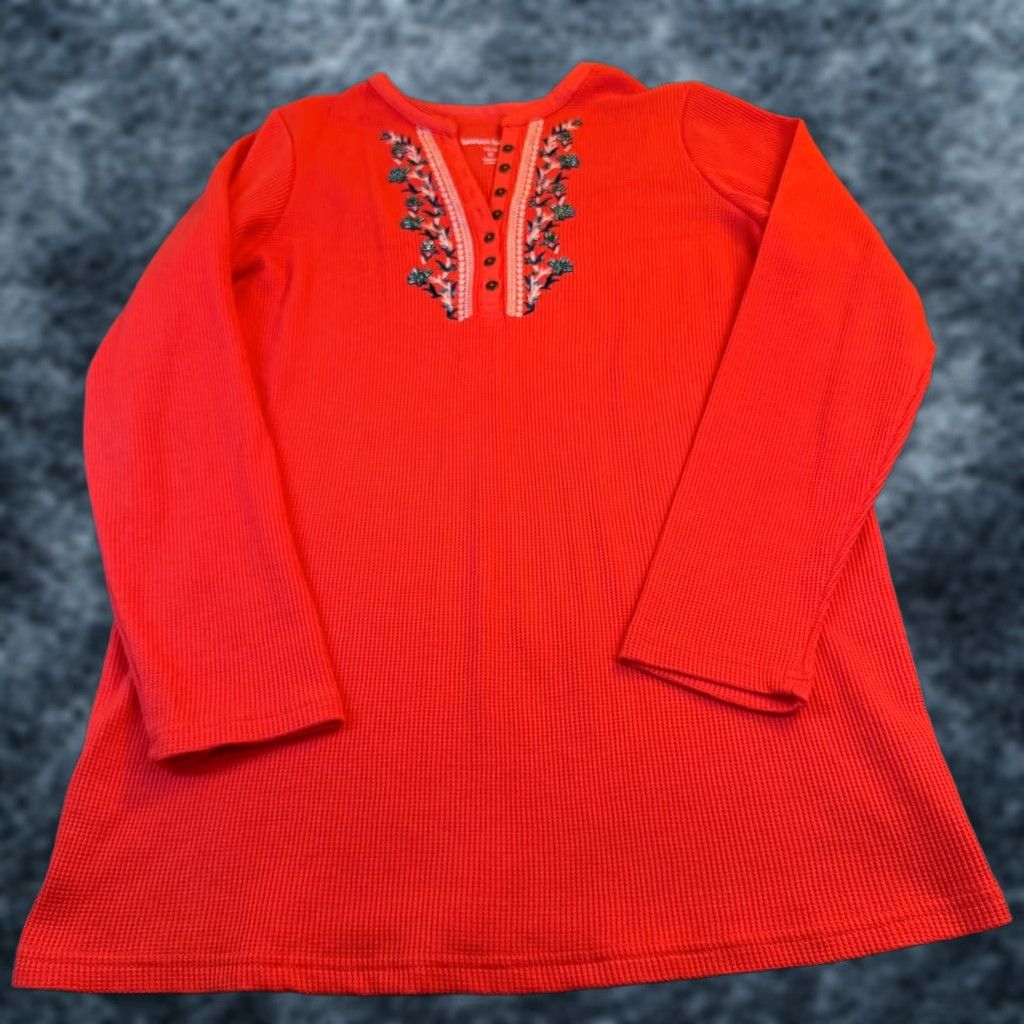 Vintage VINTAGE Woman Within Red Waffle Knit Embroidered Henley Tunic Top Womens M Red, Embroidered, Button, Henley, Tunic, Long Sleeve, Knit Size M / US 6-8 / IT 42-44 - 1 Thumbnail