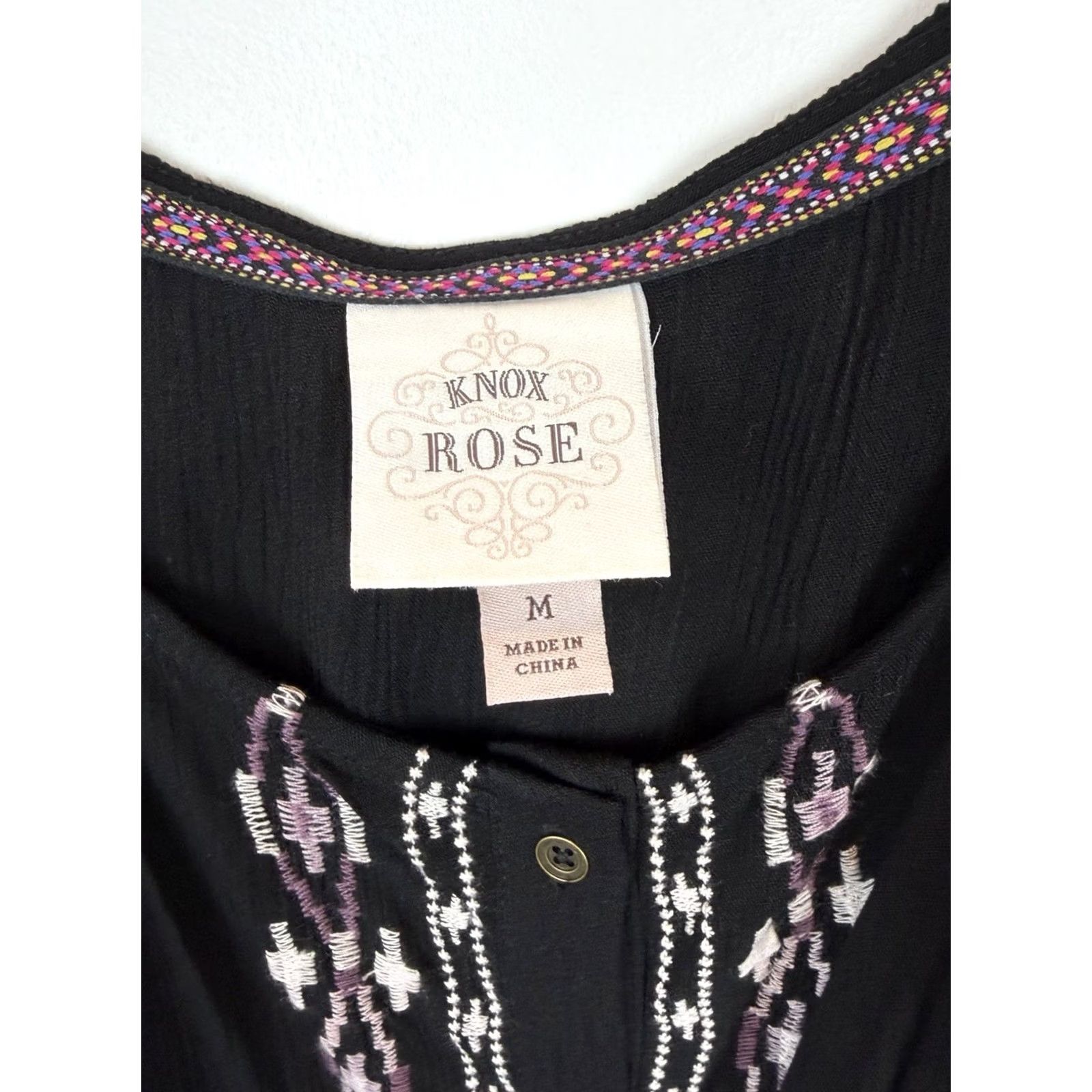 Vintage Knox Rose Mini Dress Womens M Embroidered Peasant Cinch Waist Tassel Geometric Black Sleeveless V-Neck Rayon Short Dress Casual Travel Size M / US 6-8 / IT 42-44 - 3 Thumbnail