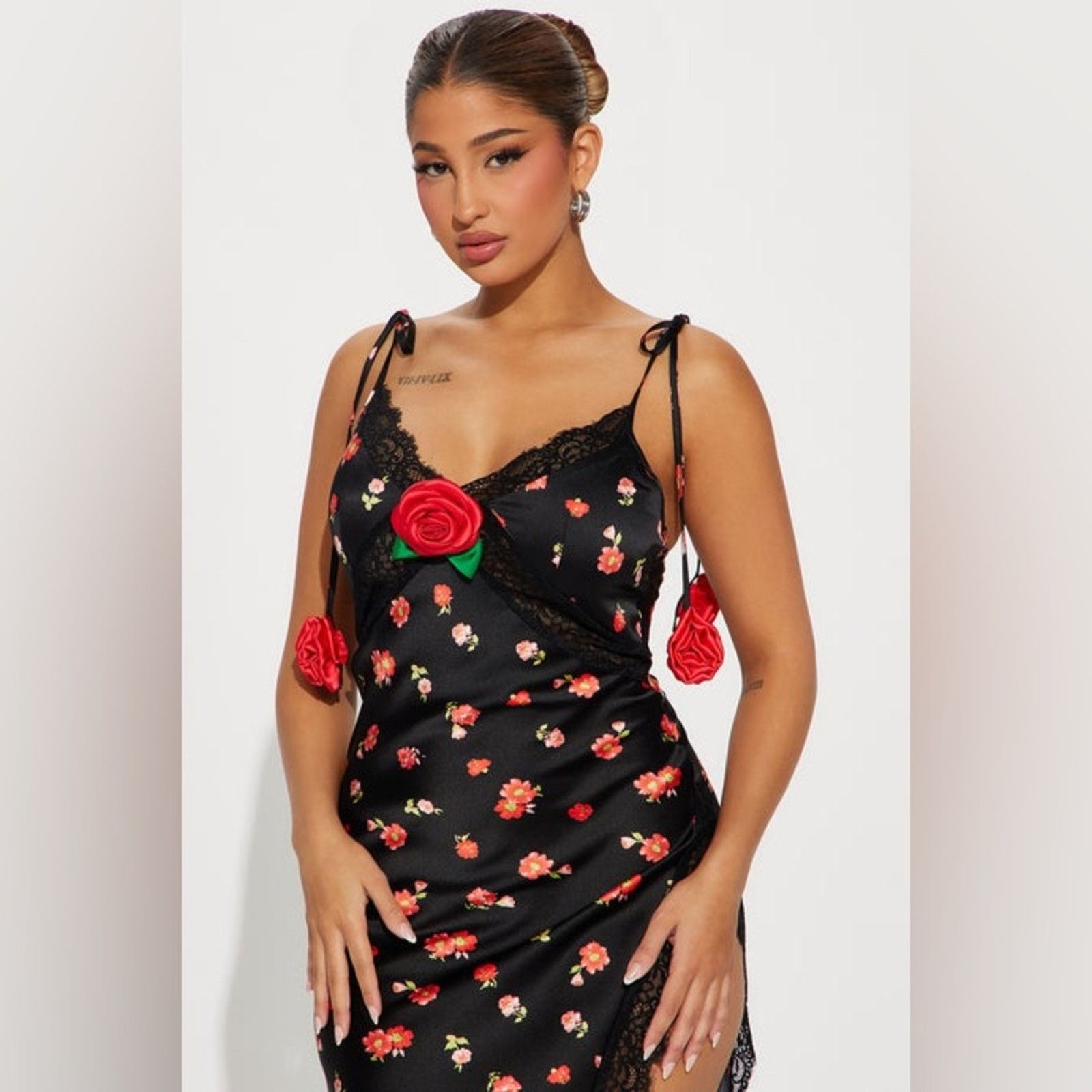 For Love & Lemons 🌹 Nikki Satin Midi Dress Black/RED Size L NWT. (Item #098) Size L / US 10 / IT 46 - 2 Thumbnail