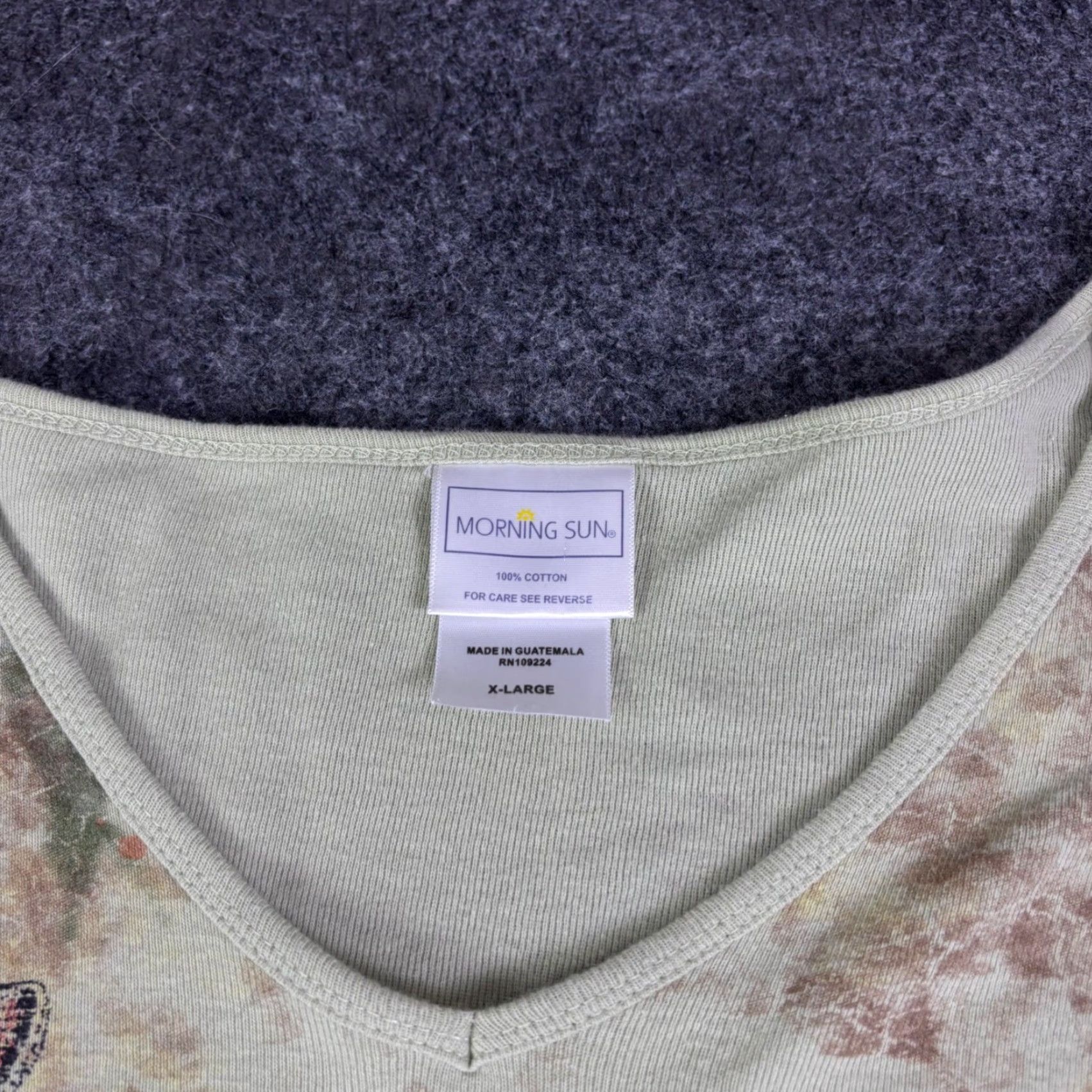 Vintage Morning Sun Floral V-Neck Top XL Green 100% Cotton Knit 3/4 Sleeve Rhinestone Womens T-Shirt Size XL / US 12-14 / IT 48-50 - 3 Thumbnail