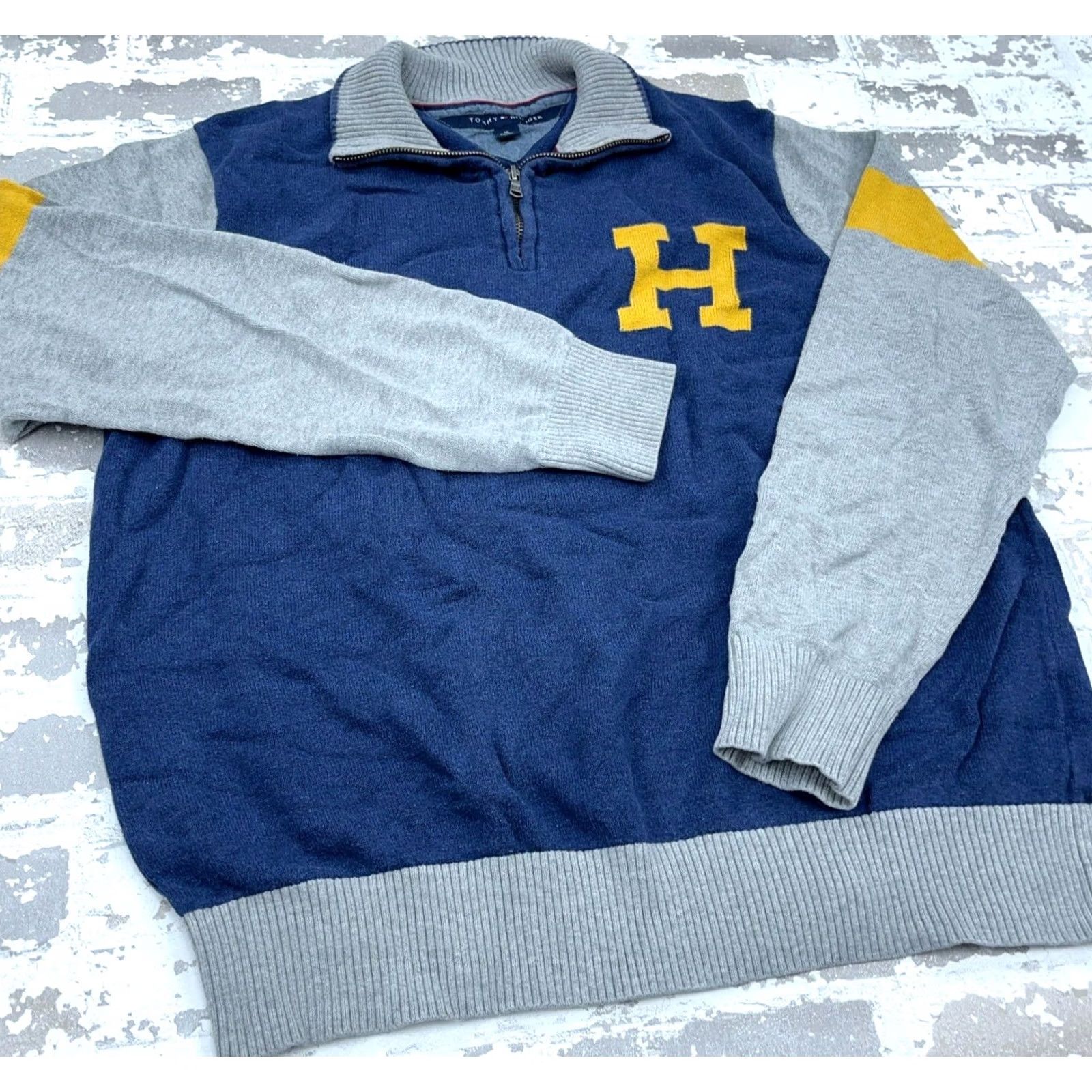 Tommy Hilfiger Tommy Hilfiger Sweater Men Medium Blue Gray Pullover Letterman Retro Quarter Zip Size US M / EU 48-50 / 2 - 3 Thumbnail