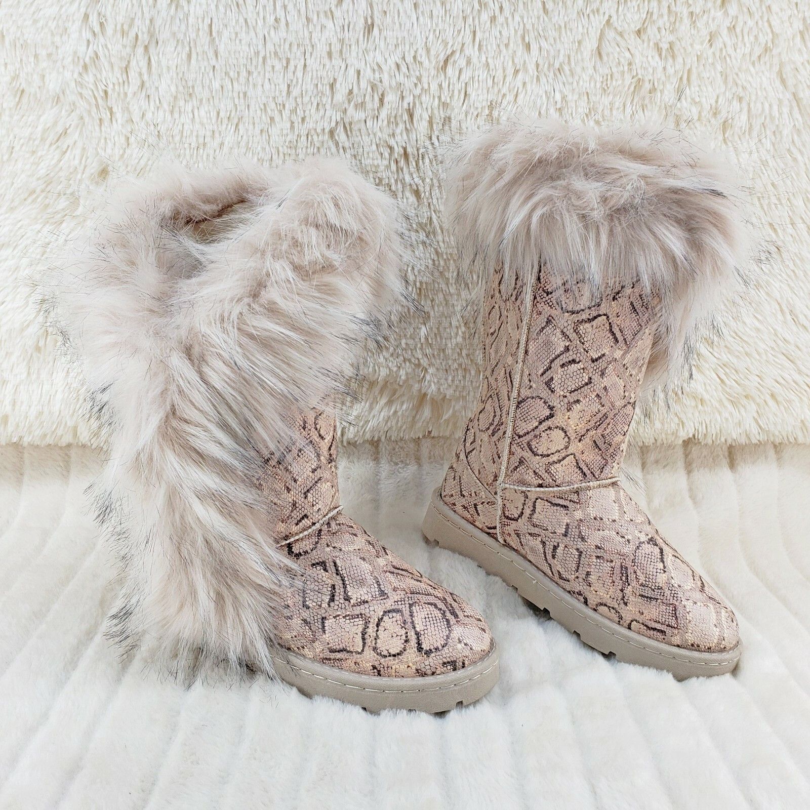 Other Chi Chi Tall Furry Snake Beige Faux Fur Lined Flat Winter Bo Size US 7 / IT 37 - 7 Thumbnail
