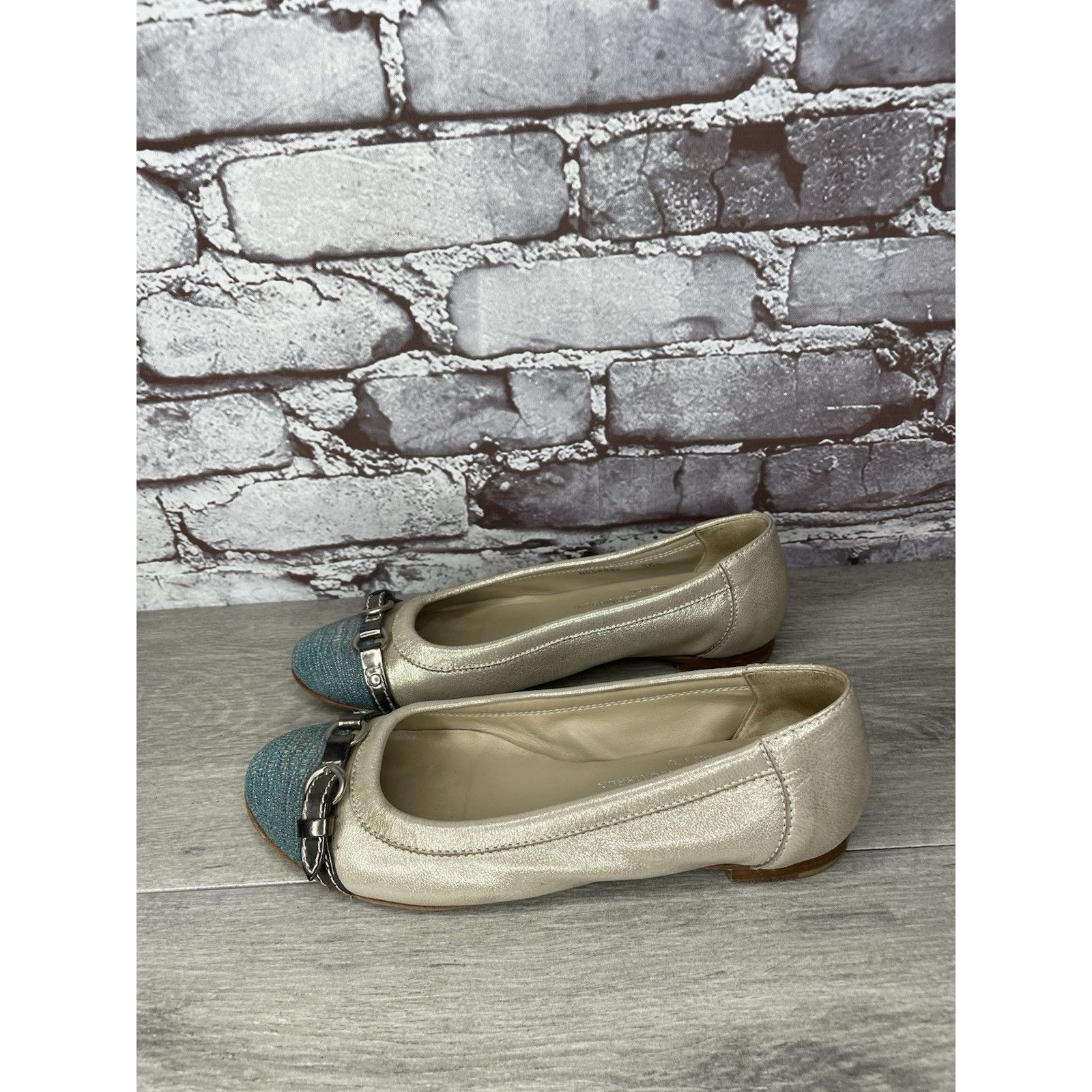 AGLINI AGL Metallic Gold Shimmer Leather Blue Cap Toe Ballet Flats Size US 6 / IT 36 - 17 Thumbnail