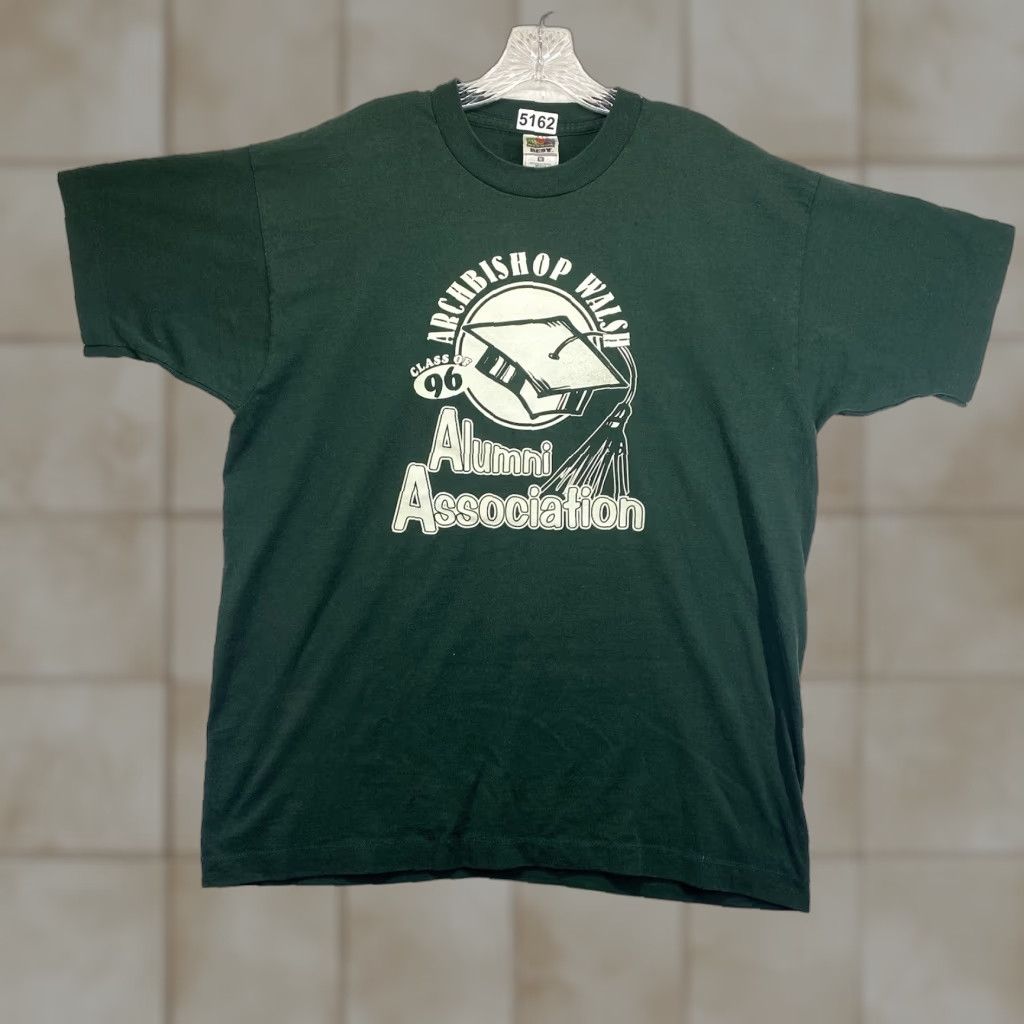 Fruit Of The Loom VINTAGE Fruit of the Loom T-Shirt Class of 1996 Forest Green Unisex Adults L Short Sleeve Crew Neck Green Stitch USA 1996 Alumni Archbishop Walsh Size US L / EU 52-54 / 3 - 1 Thumbnail