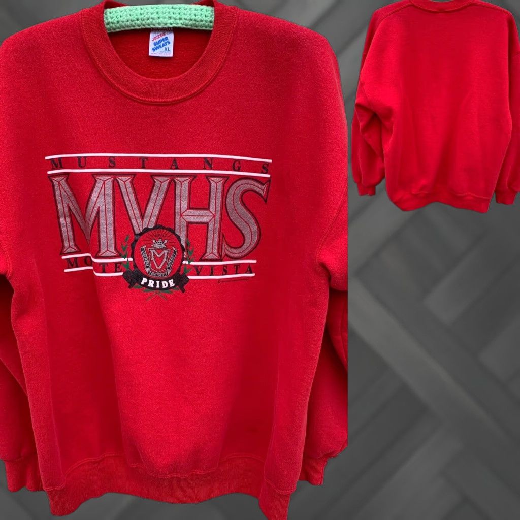 Jerzees VINTAGE Mustangs MVHS Monte Vista graphic sweatshirt XL Men Crew Neck Long Sleeve Red Pullover Sweatshirt Graphic Print USA Made Size US XL / EU 56 / 4 - 1 Thumbnail
