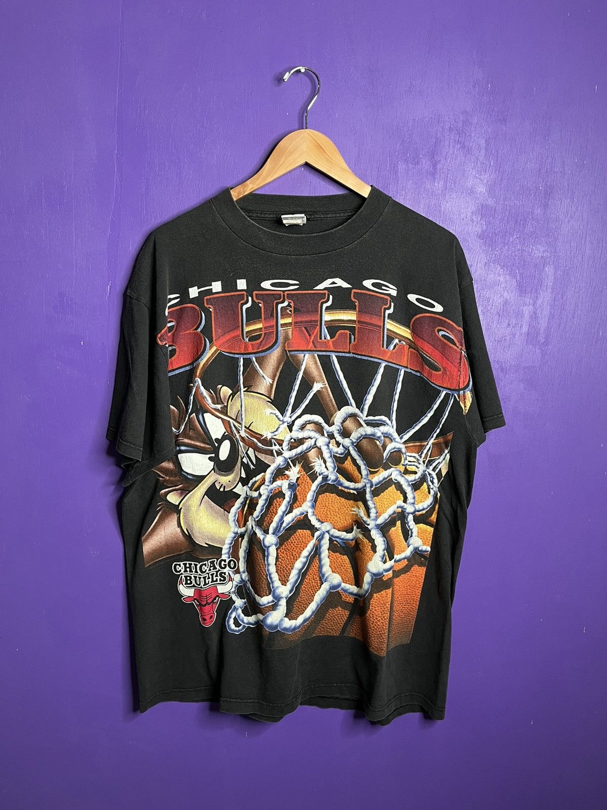 image of Nba Vintage 90's Chicago Bulls Taz Dunking Aop T-Shirt in Black, Men's (Size XL)