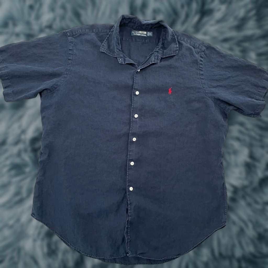 Polo Ralph Lauren VINTAGE Polo Ralph Lauren Shirt Adult XL Blue Linen Button-Up Short Sleeve Mens Size US XL / EU 56 / 4 - 1 Thumbnail