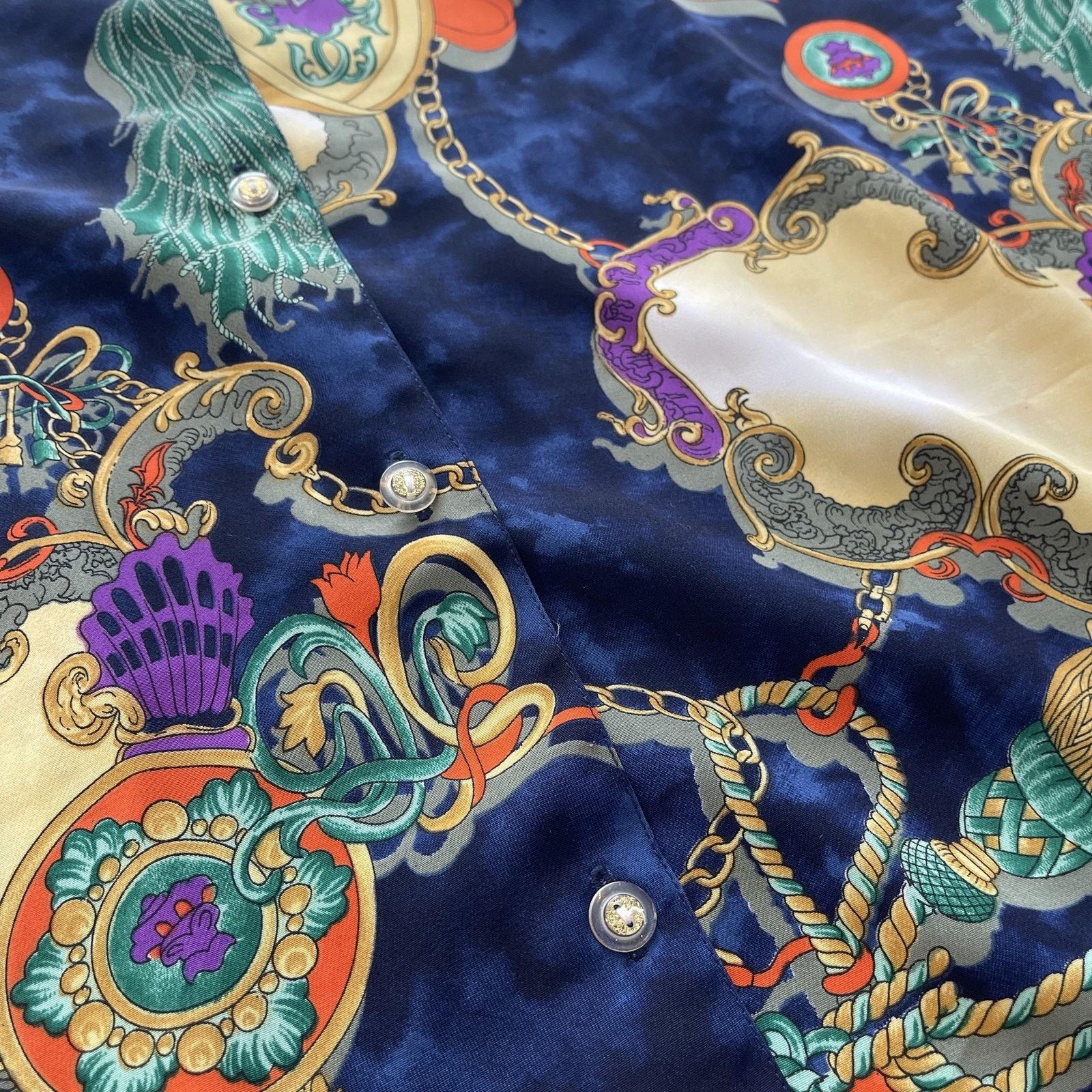 Vintage San-ai Shirt Womens XL Navy Baroque Chain Tassel Print Silky Size XL / US 12-14 / IT 48-50 - 5 Thumbnail