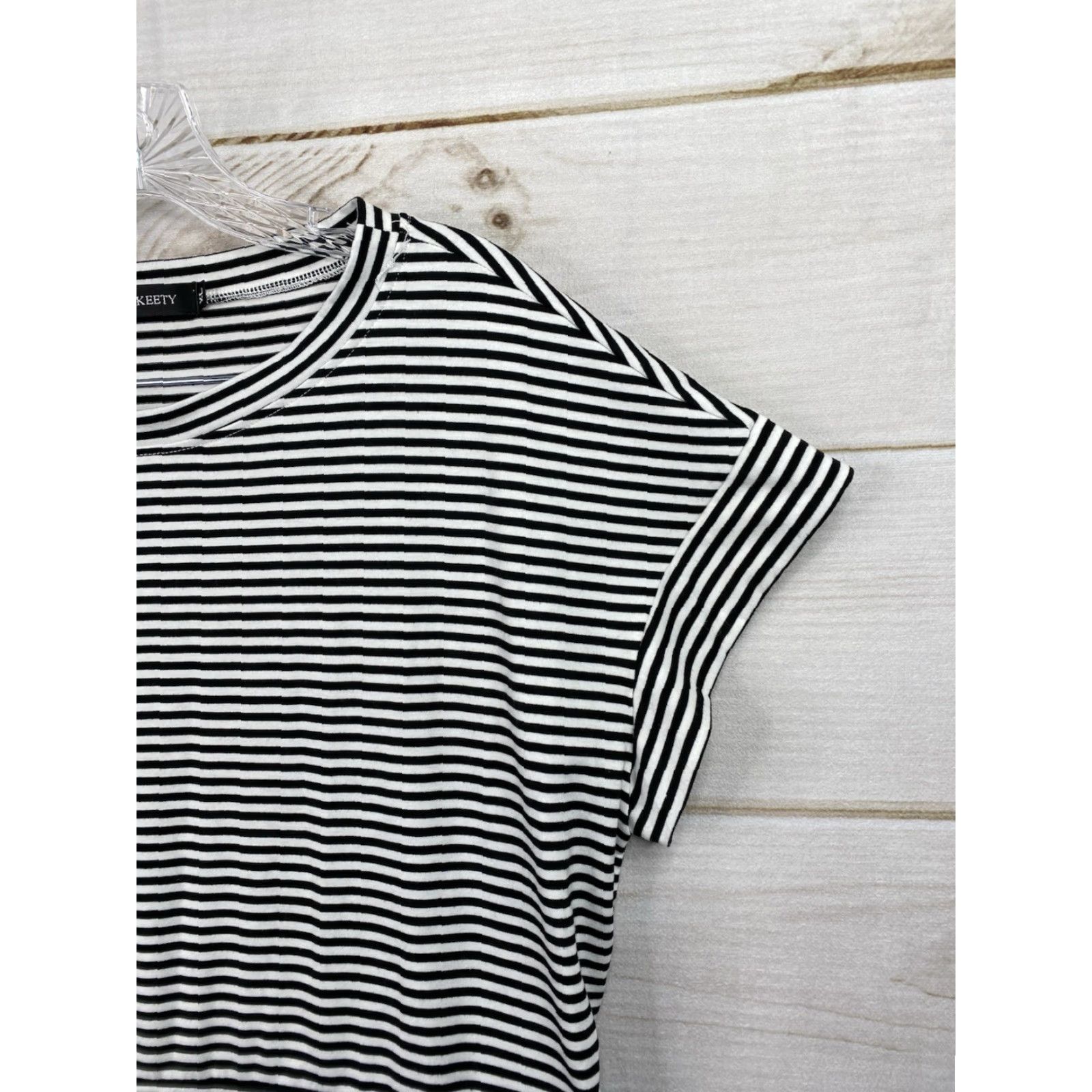 Vintage Merokeety Dress XL Black White Stripe Pockets Short Slv Belted Stretch Knit Dress Size 40" / US 18 - 2 Thumbnail