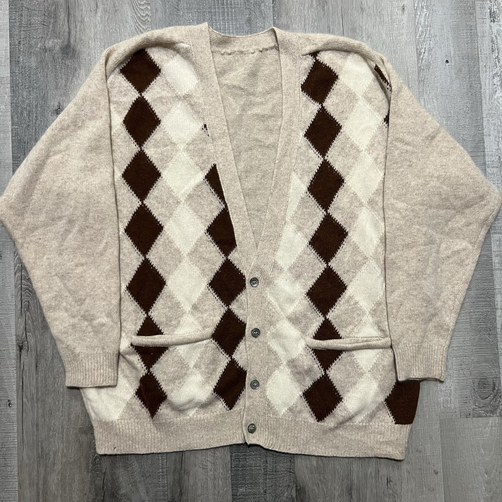 Vintage VTG Lambswool Angora Cardigan Sweater 70s/80s Men's Argyle Size US XL / EU 56 / 4 - 1 Thumbnail