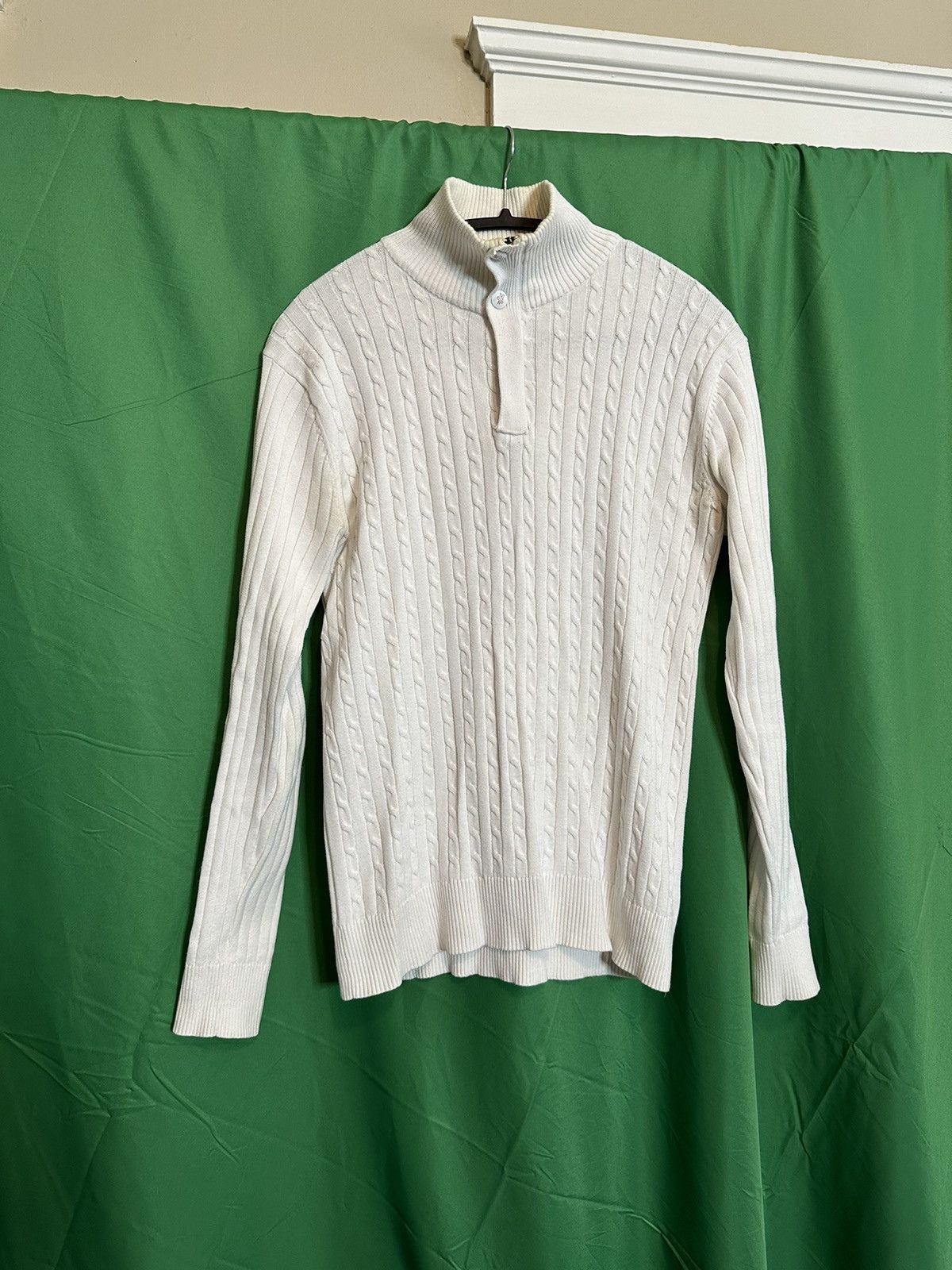 image of Moncler Cable Knit 1/4 Zip High Neck Logo Button Sweater in White, Men's (Size Medium)