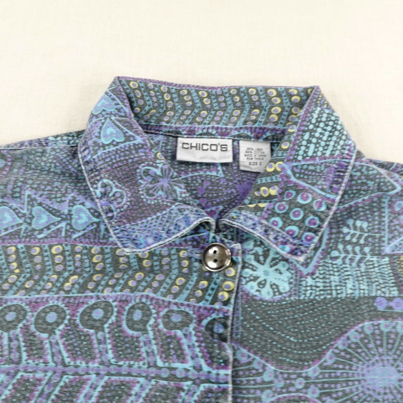 Vintage Chicos Jacket Womens S Blue Canvas Geometric Button Up Top Casual Workwear Size S / US 4 / IT 40 - 2 Thumbnail