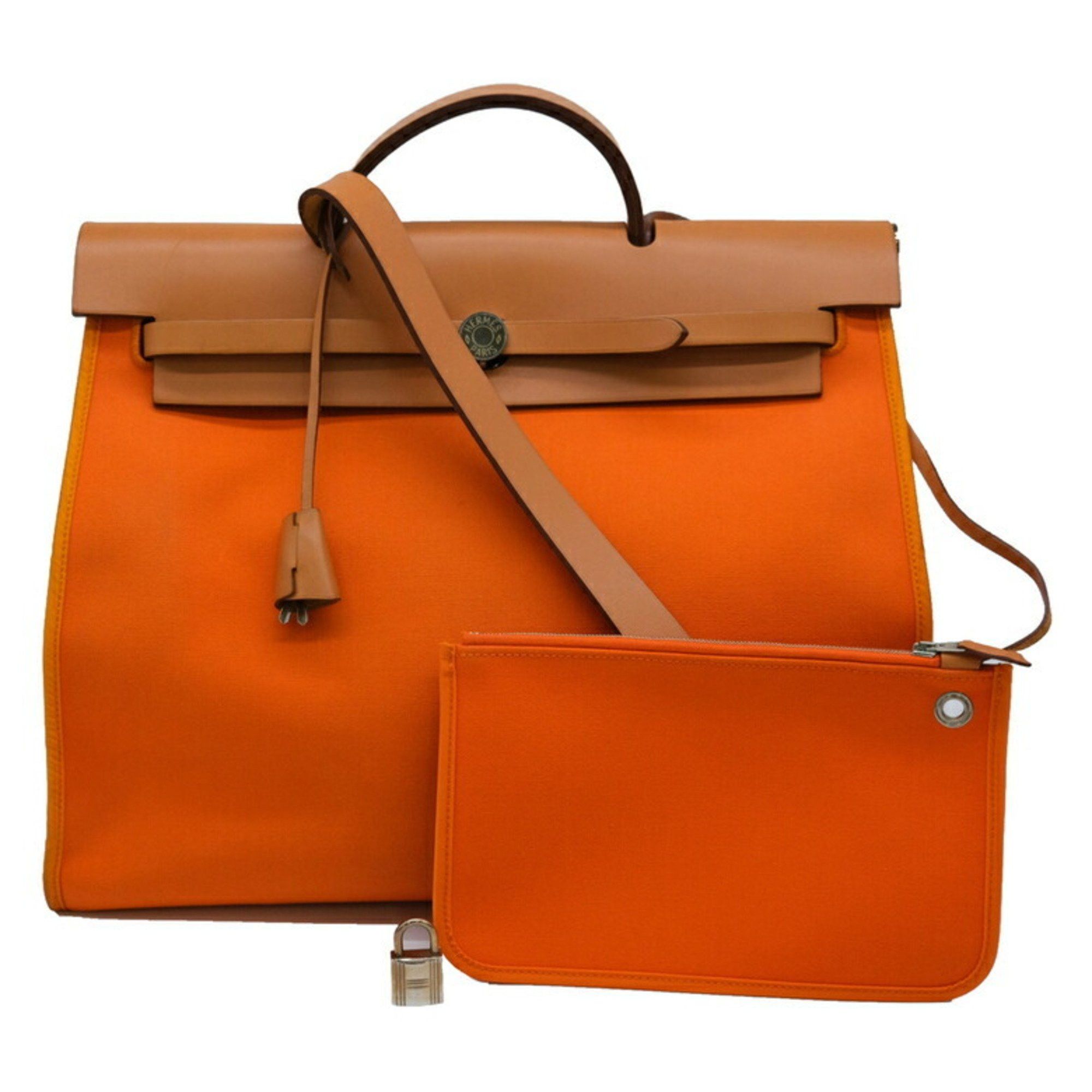 image of Hermes Airbag Zip Mm Shoulder Bag Handbag 2Way Toile Officier Leather Orange, Women's