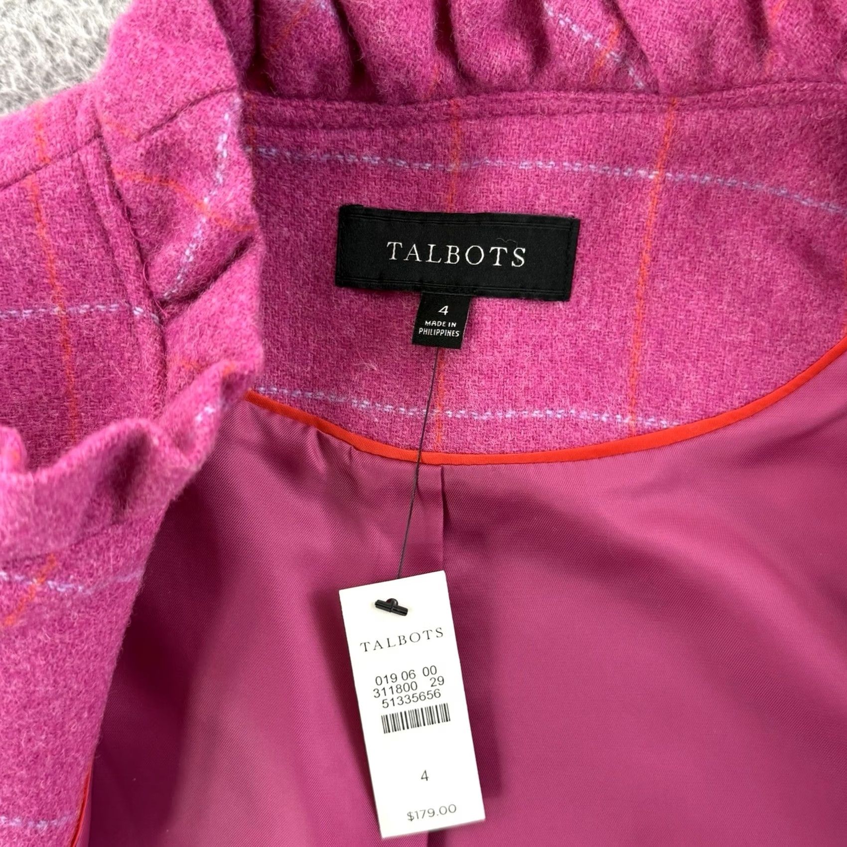 Talbots Talbots Blazer Jacket Women's 4 Pink Wool Blend Check Ruffle Preppy NWT Business Short Sleeve Coat Size S / US 4 / IT 40 - 7 Thumbnail