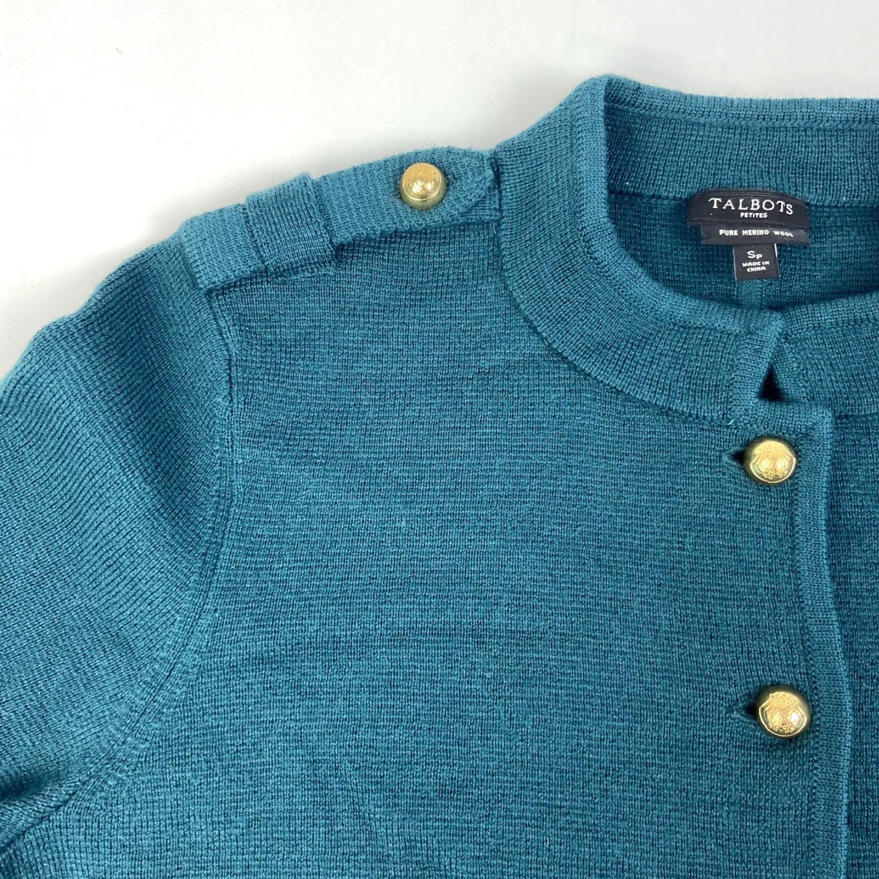 Talbots Talbots Merino Wool Button Up Cardigan Green PS Petite Womens Sweater Long Sleeve 100% Merino Button Accents Therma Gold Button Jacket Cardigan Size S / US 4 / IT 40 - 3 Thumbnail