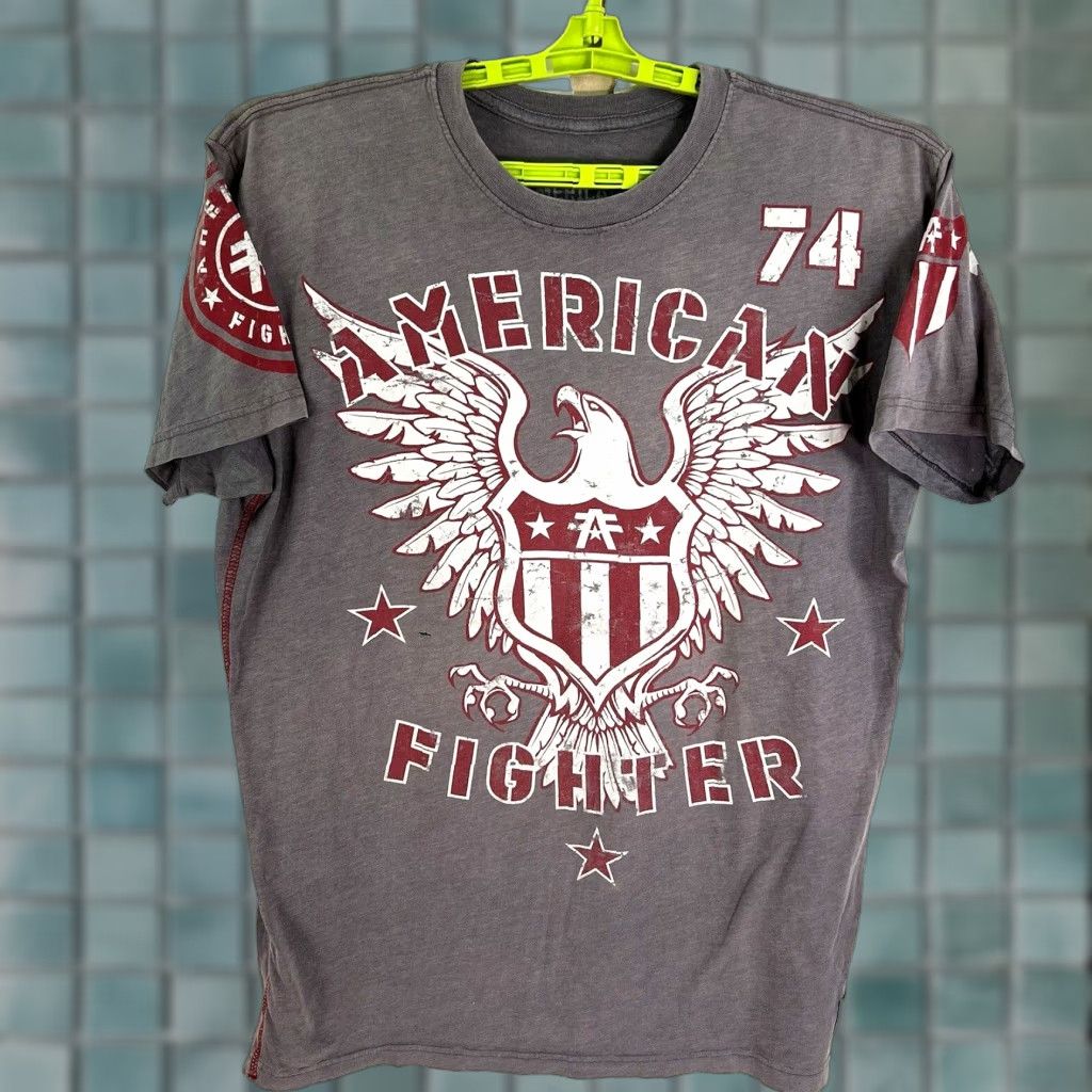 Affliction Affliction Shirt Mens XL Gray American Fighter 74 AOP Flag Crew Neck Short Sleeve Graphic Print Logo Vintage: No Size US XL / EU 56 / 4 - 1 Thumbnail