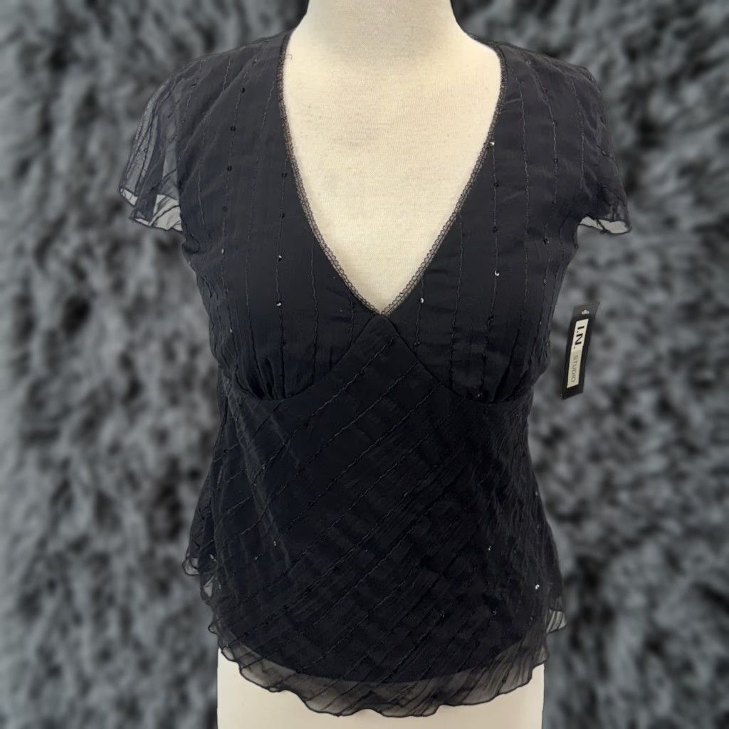 Vintage VINTAGE I.N. Studio Blouse Women Medium Black Sequin Goth Fairy Y2K Top Short Sleeve Adults Womens Size M / US 6-8 / IT 42-44 - 1 Thumbnail