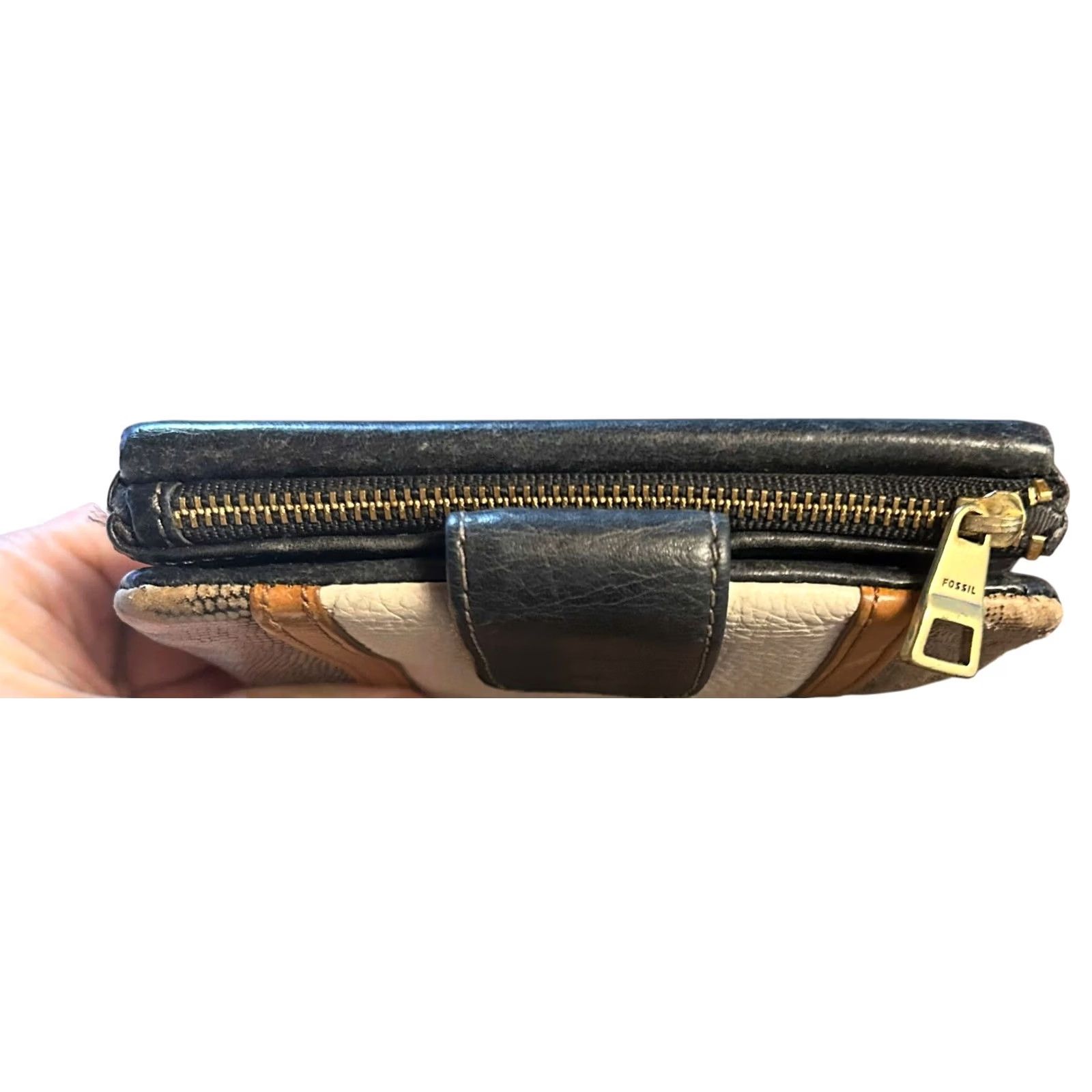 Fossil Fossil Ellis Multi Patchwork Leather Black Brown Cream Wallet Women's Worn Read Size ONE SIZE - 7 Thumbnail