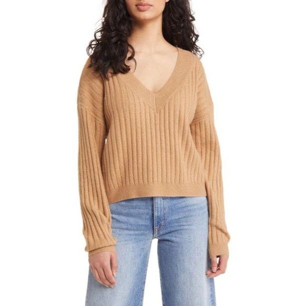 Other OPEN EDIT V-neck Rib Sweater In Tan Cartouche, Sz. XL Size XL / US 12-14 / IT 48-50 - 1 Thumbnail