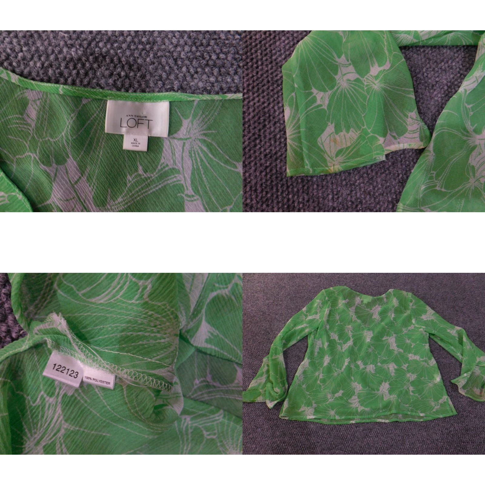 Ann Taylor Loft Blouse XL Green Floral V-Neck Long Sleeve Pullover Lightweight Womens Knit Polyester Casual Ann Taylor Loft Size XL / US 12-14 / IT 48-50 - 8 Thumbnail