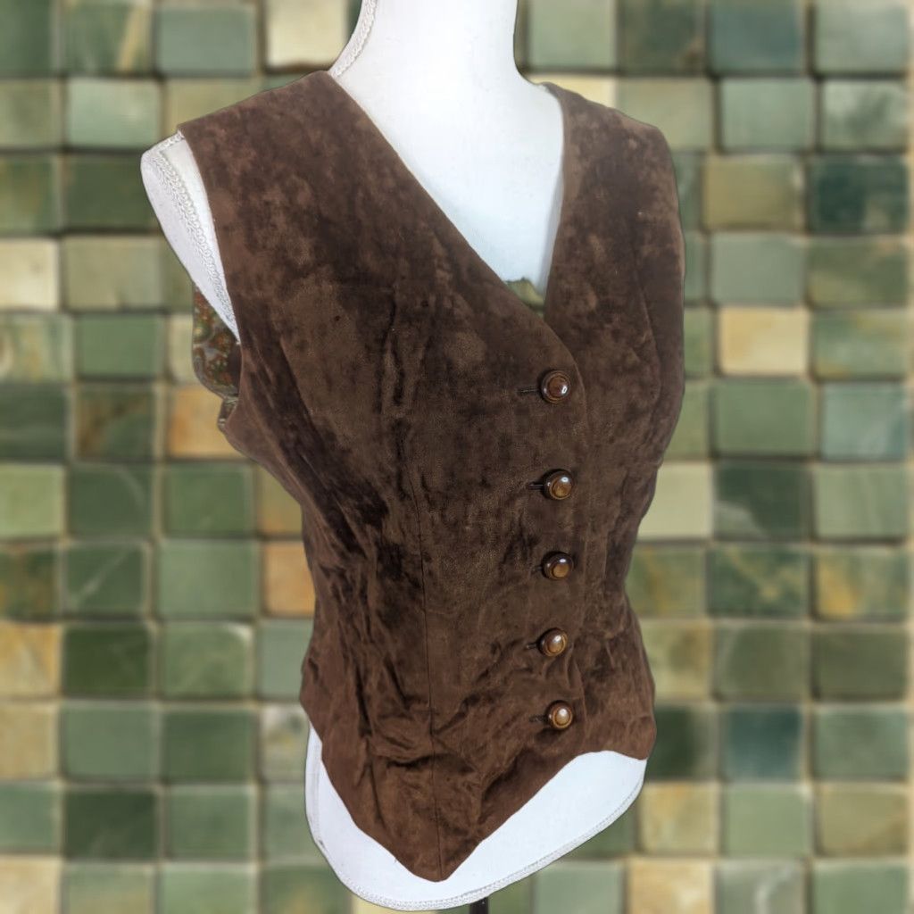 Velour VINTAGE 70s Brown Velour Vest Waistcoat Women's S Velour Vest Waistcoat 6 V1J Size S / US 4 / IT 40 - 1 Thumbnail