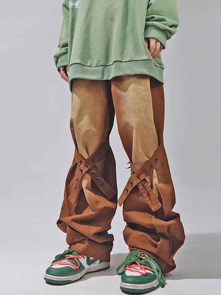image of Vintage Hip Hop Denim Trousers Male Oversize Flare Pants in Brown, Men's (Size 32)